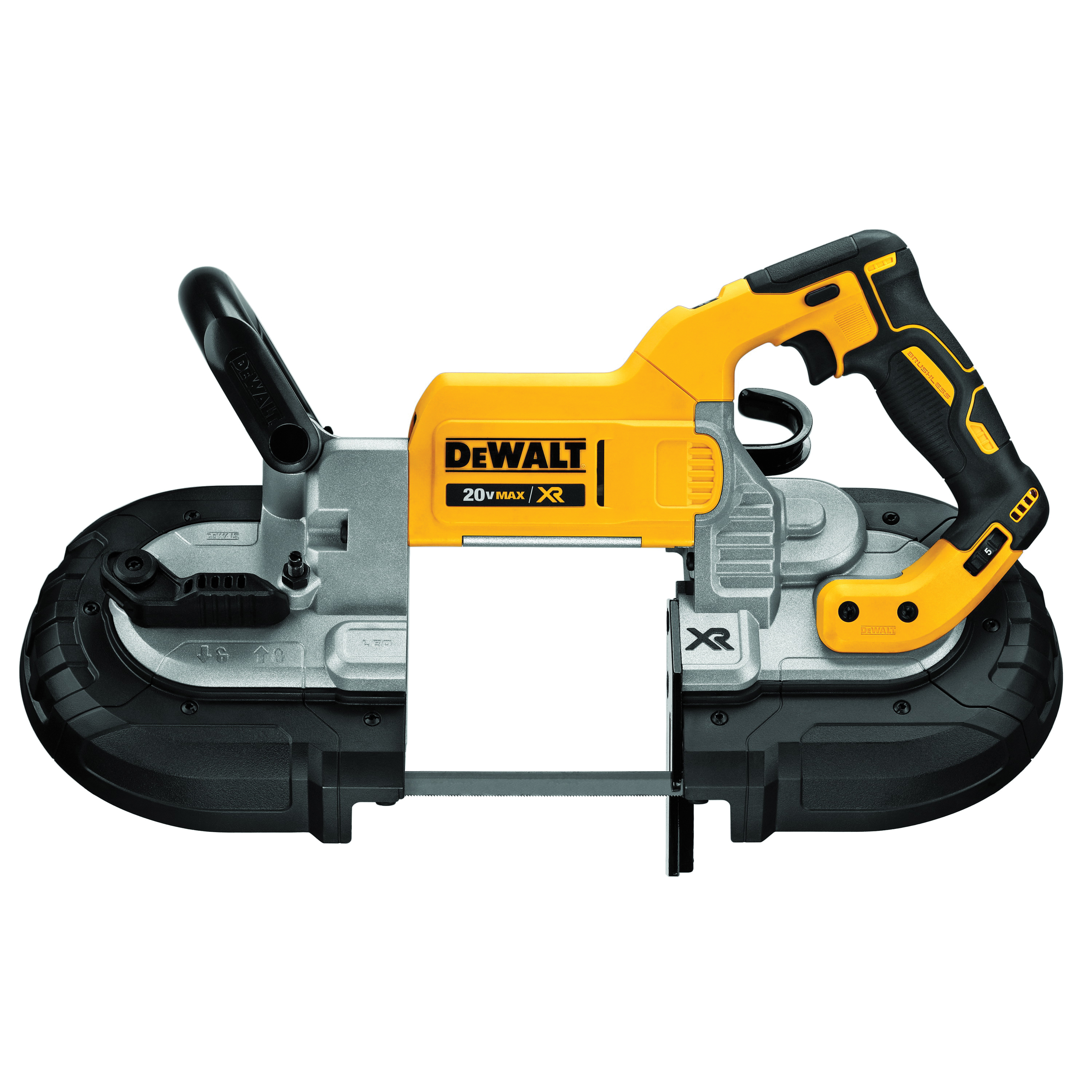 DeWALT® 20V MAX* DCS374B XR™ Brushless Deep Cut Portable Cordless Band Saw, 5 x 4-3/4 in Cutting, 44-7/8 in L Blade, 20 VDC, 5 Ah Li-Ion Battery
