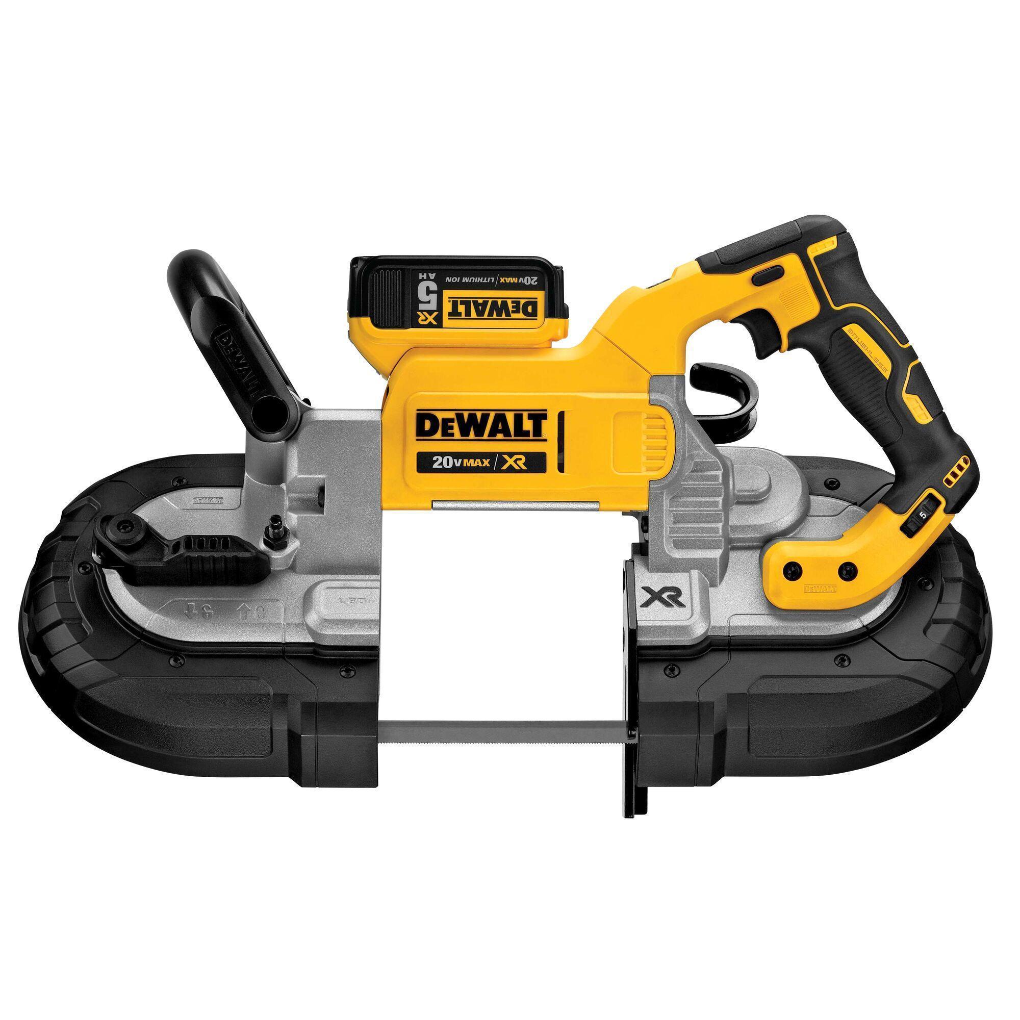 DeWALT® 20V MAX* MATRIX™ DCS374P2 XR™ Brushless Deep Cut Portable Cordless Band Saw Kit, 5 x 4-3/4 in Cutting, 44-7/8 in L Blade, 20 VDC, 5 Ah Li-Ion Battery