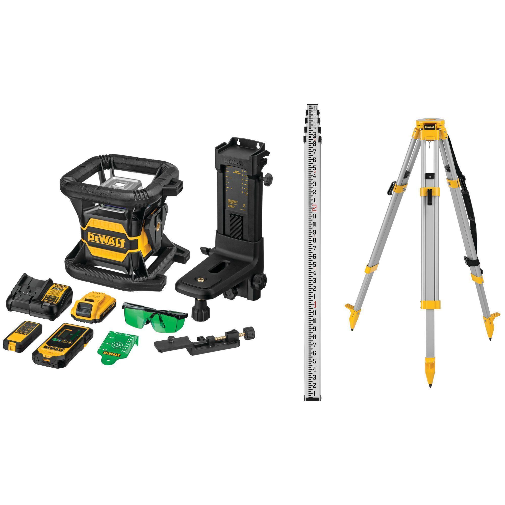 DeWALT® DW080LGSK Rotary Laser Kit, 1/16 in at 100 ft Accuracy, 20 V, 150 to 1200 rpm Rotation Speed, 2000 ft Detector Range, 5 deg Self-Leveling, 11 Pieces, For Use With Laser, Green