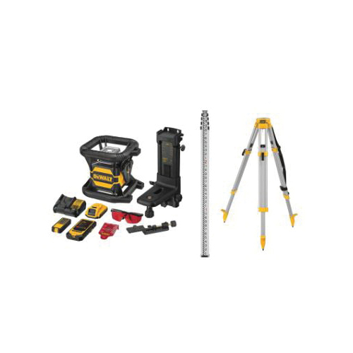 DeWALT® DW080LRSK Rotary Laser Kit, 1/16 in at 100 ft Accuracy, 20 V, 150 to 1200 rpm Rotation Speed, 2000 ft Detector Range, 5 deg Self-Leveling, 11 Pieces, For Use With Laser, Red