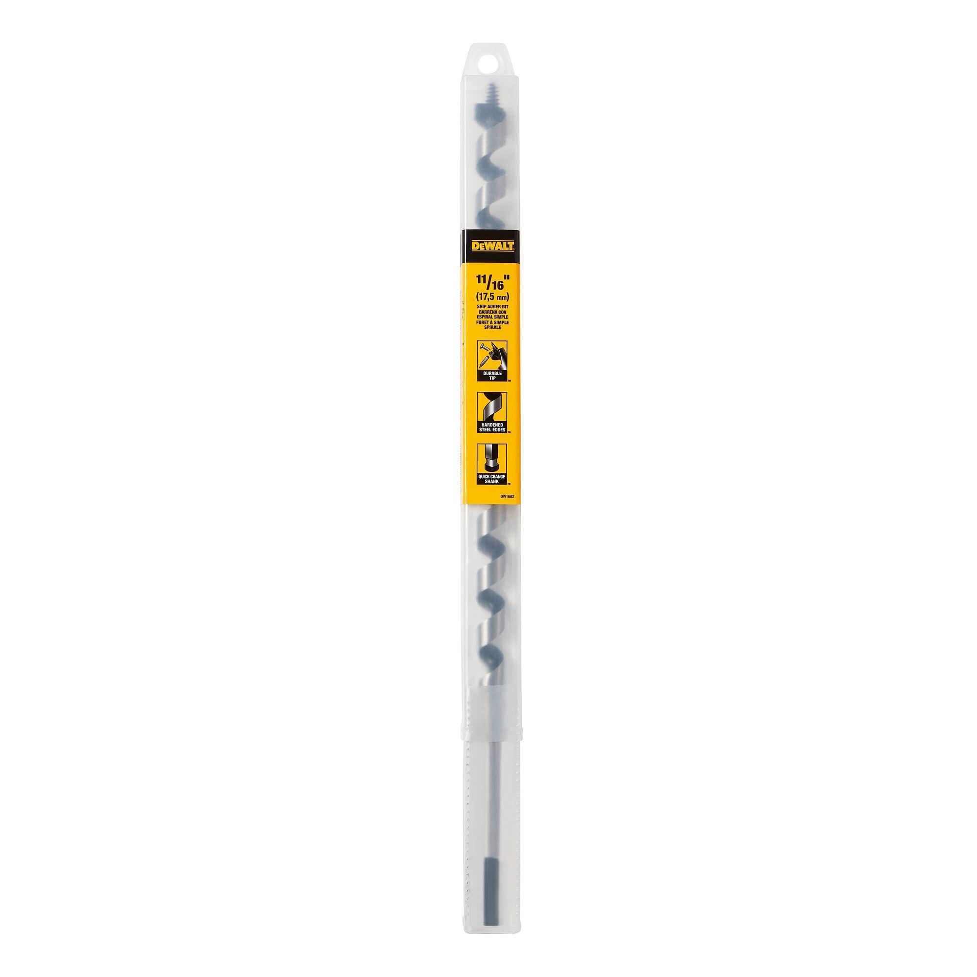 DeWALT® DW1682 Long Power Ship Auger Bit, 11/16 in Dia, 17 in OAL, 12 in L Hollow Center Flute, 7/16 in Shank