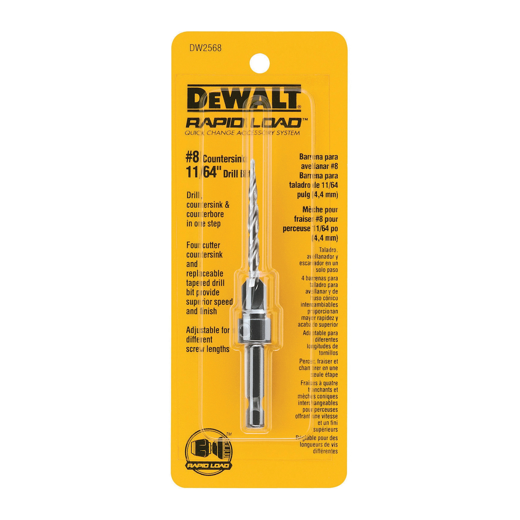 DeWALT® DW2568 Rapid Load® Drill and Countersink, #8 Dia Pilot, 60 deg Included, 11/64 in Point, 3-1/2 in OAL