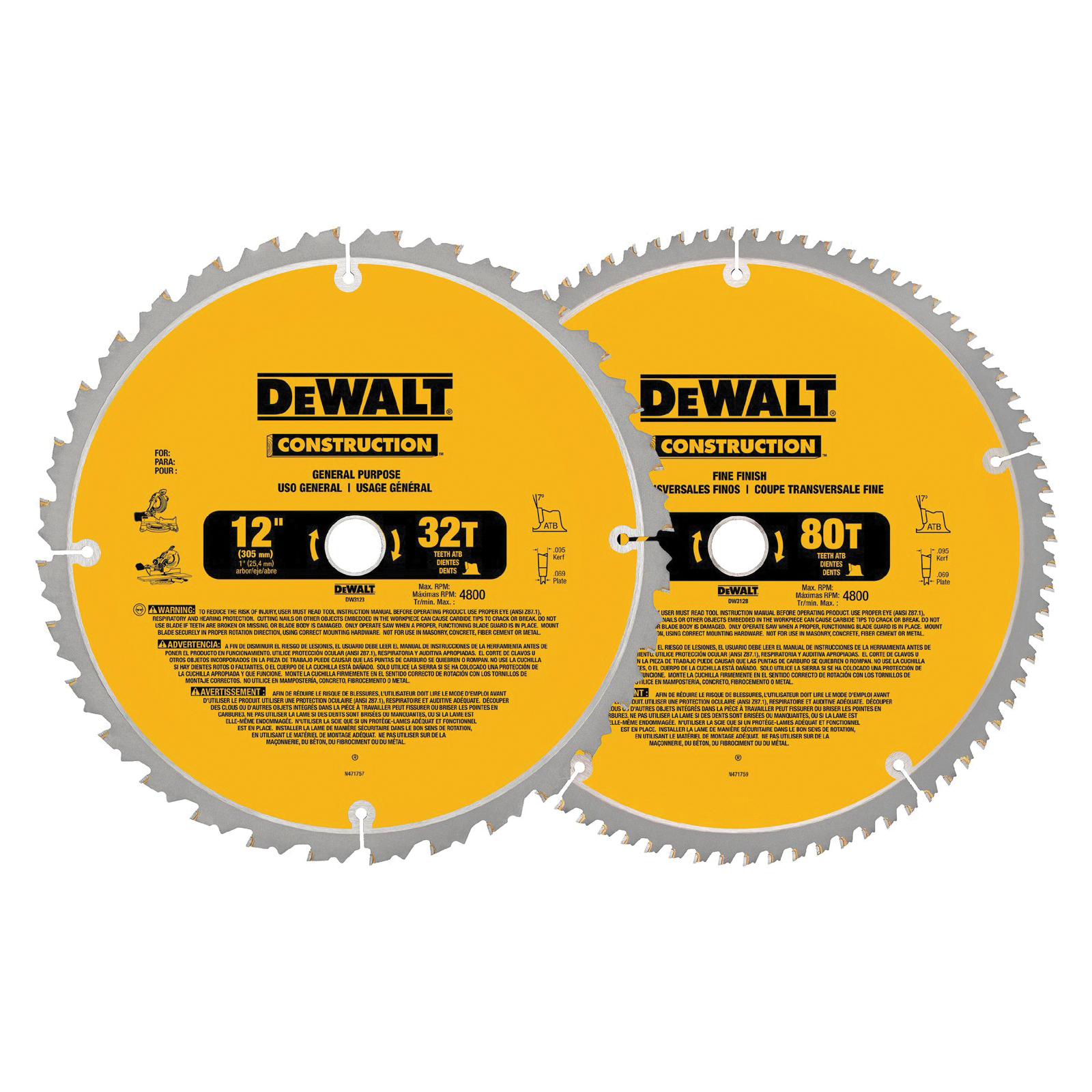 DeWALT® Guaranteed Tough® DW3128P5 Combo Large Diameter Thin Kerf Circular Saw Blade, 12 in Dia x 0.069 in THK, 1 in Arbor, Carbide Blade, 32/80 Teeth