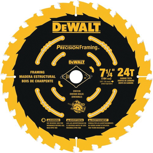 DeWALT® Precision Framing™ DW3199 Single Precision Thin Kerf Circular Saw Blade, 7-1/4 in Dia x 0.039 in THK, Carbide Blade, 24 Teeth