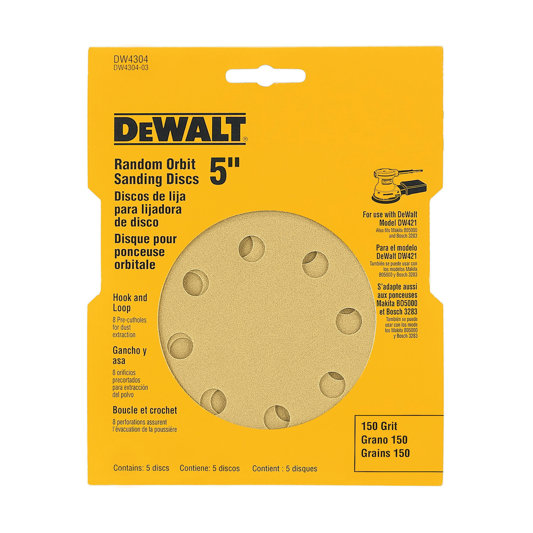 DeWALT® DW4304 Hook and Loop Disc, 5 in Dia, 150 Grit, Fine Grade, Aluminum Oxide Abrasive, Paper Backing