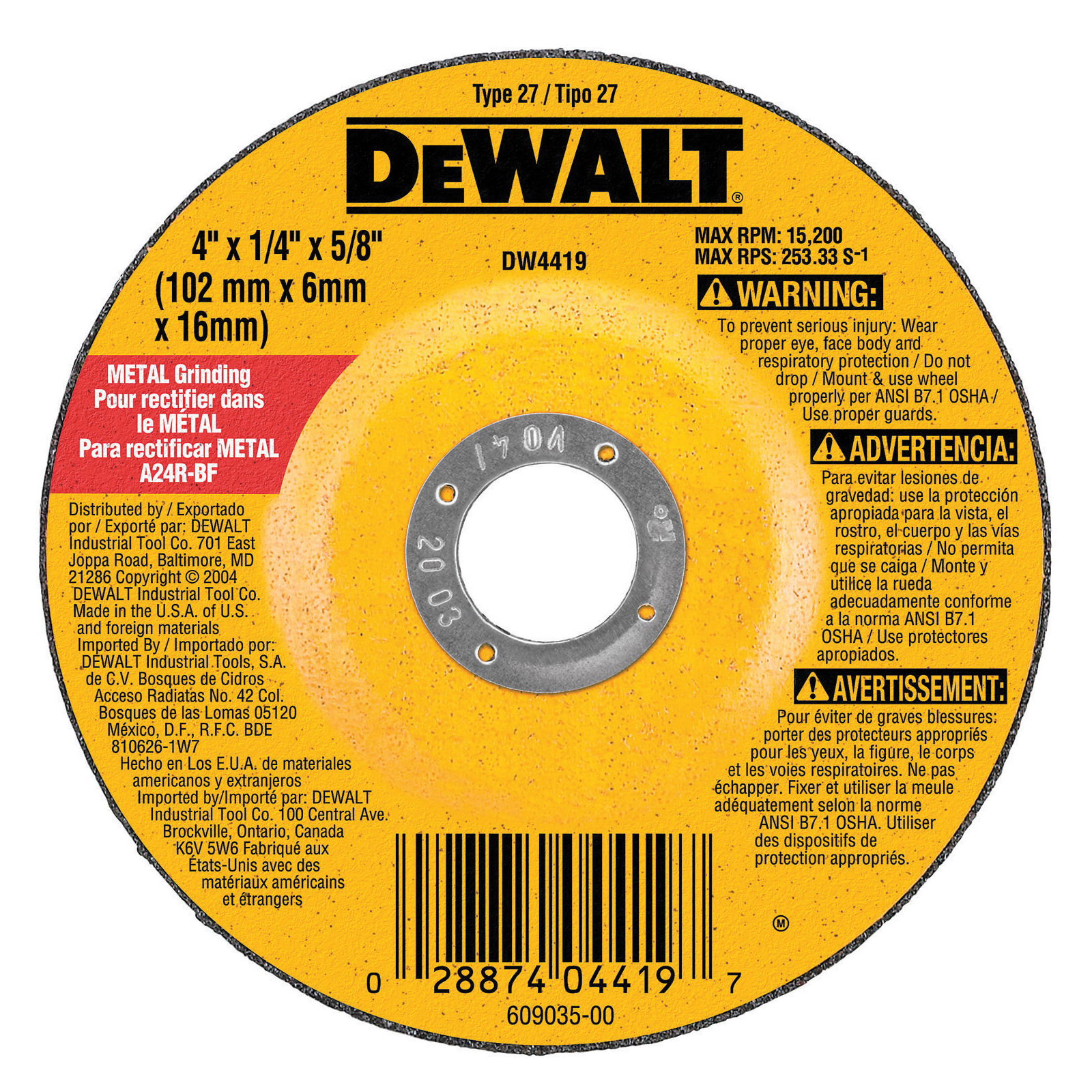 DeWALT® DW4419 General Purpose Depressed Center Wheel, 4 in Dia Wheel x 1/4 in THK Wheel, 5/8 in Center Hole, A24R Grit, Aluminum Oxide Abrasive