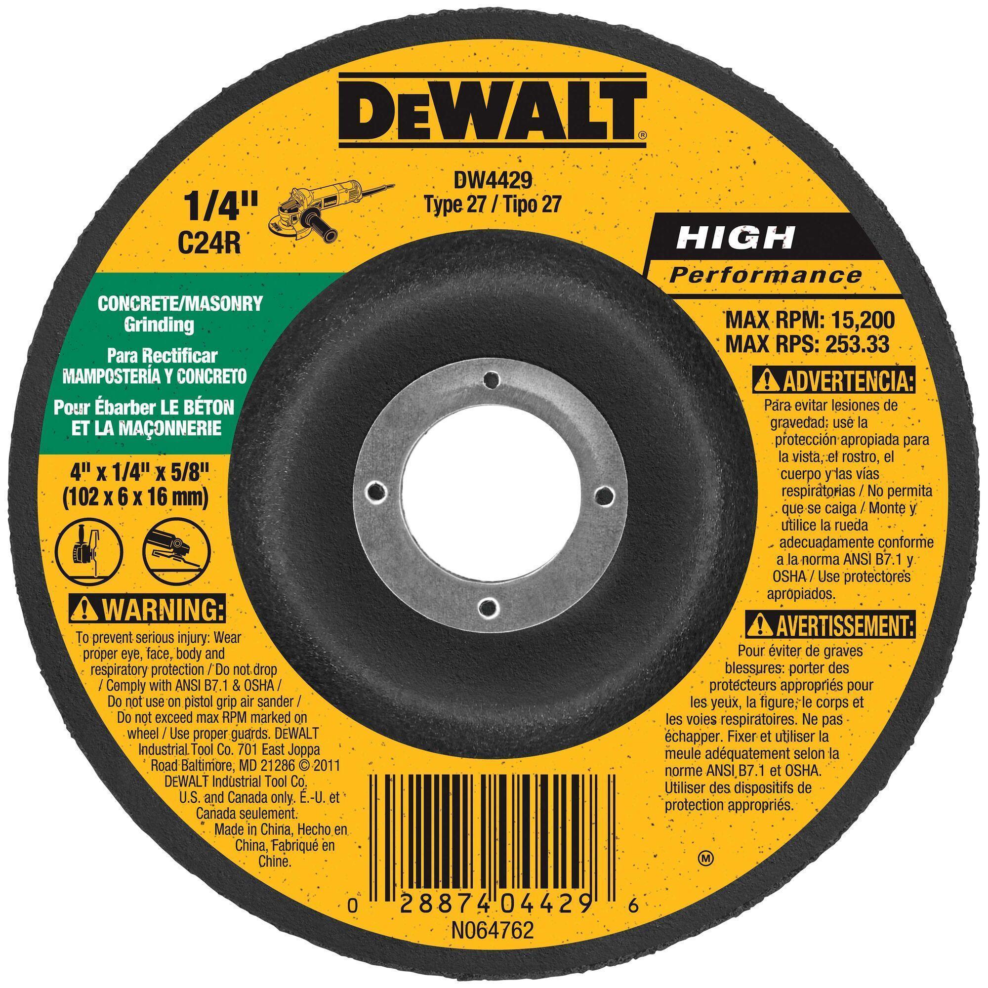 DeWALT® High Performance™ Guaranteed Tough® DW4429 Flat Depressed Center Grinding Wheel, 4 in Dia x 1/4 in THK, 5/8 in Center Hole, 24 Grit, Silicon Carbide Abrasive
