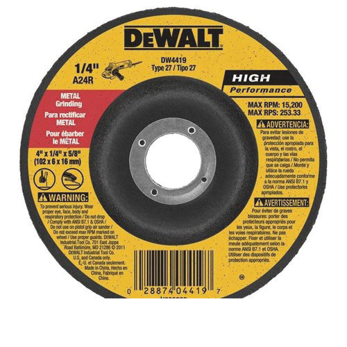 DeWALT® High Performance™ DW4523 Depressed Center Wheel, 4-1/2 in Dia x 1/4 in THK, A24R Grit, Aluminum Oxide Abrasive