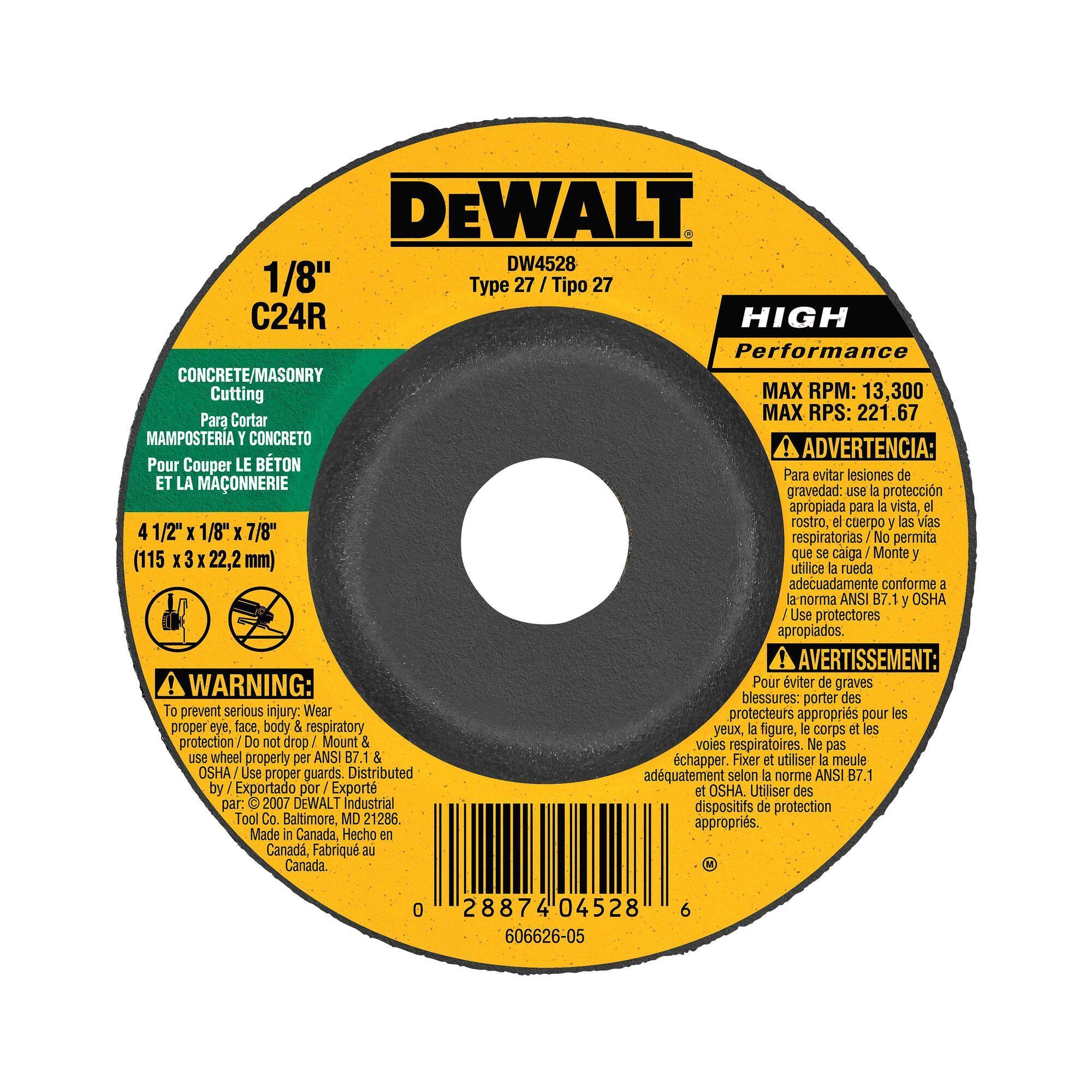 DeWALT® High Performance™ Guaranteed Tough® DW4528 Flat Depressed Center Cutting Wheel, 4-1/2 in Dia x 1/8 in THK, 7/8 in Center Hole, 24 Grit, Silicon Carbide Abrasive