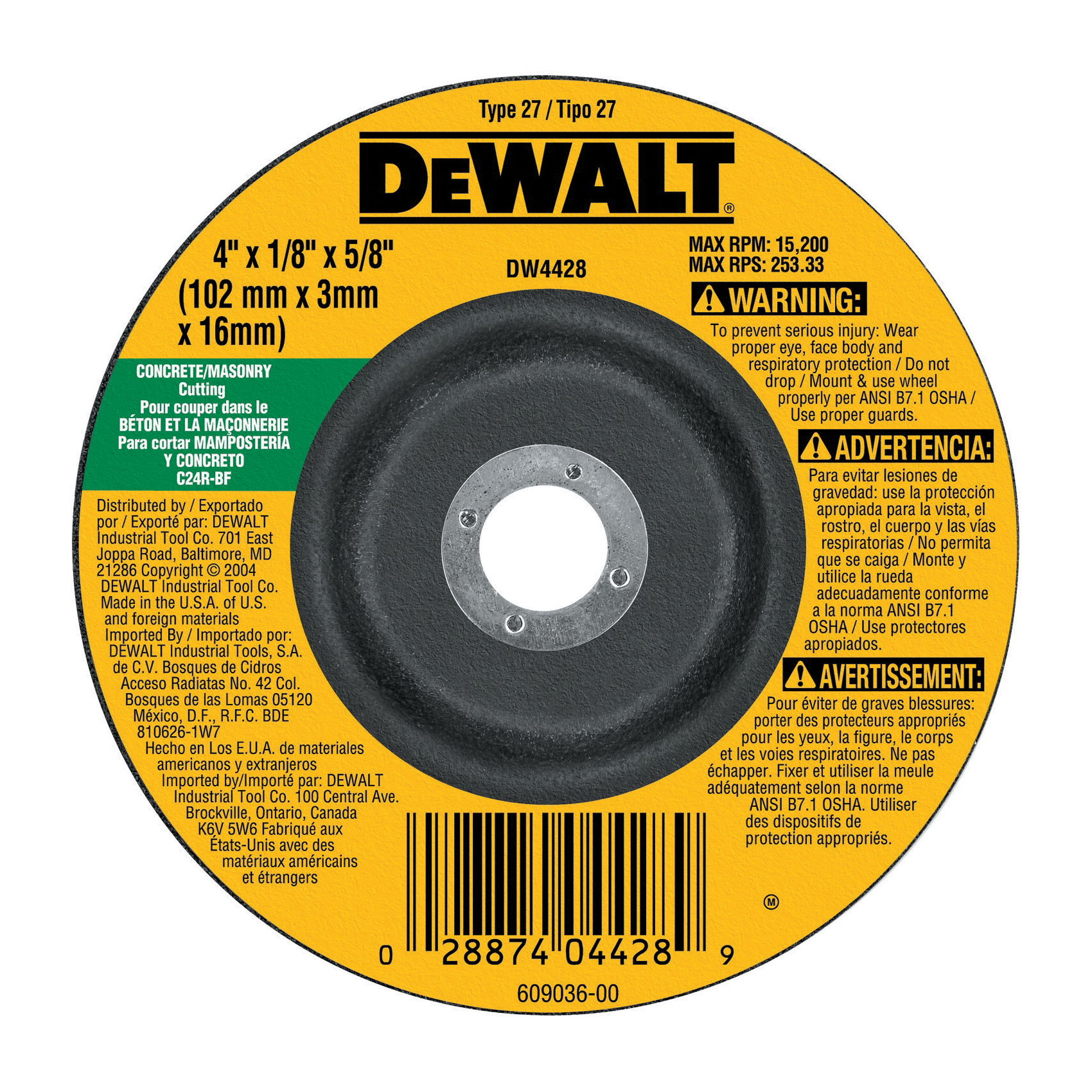 DeWALT® High Performance™ DW4959 Depressed Center Wheel, 9 in Dia x 1/4 in THK, C24R Grit, Silicon Carbide Abrasive