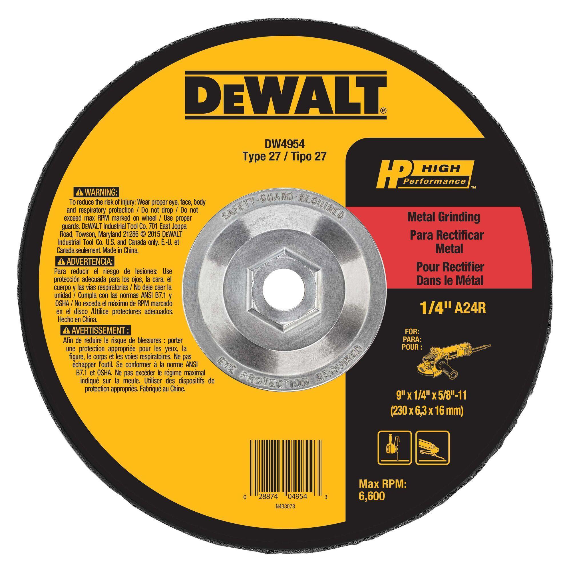 DeWALT® High Performance™ Guaranteed Tough® DW4954 Flat Depressed Center Grinding Wheel, 9 in Dia x 1/4 in THK, 24 Grit, Aluminum Oxide Abrasive
