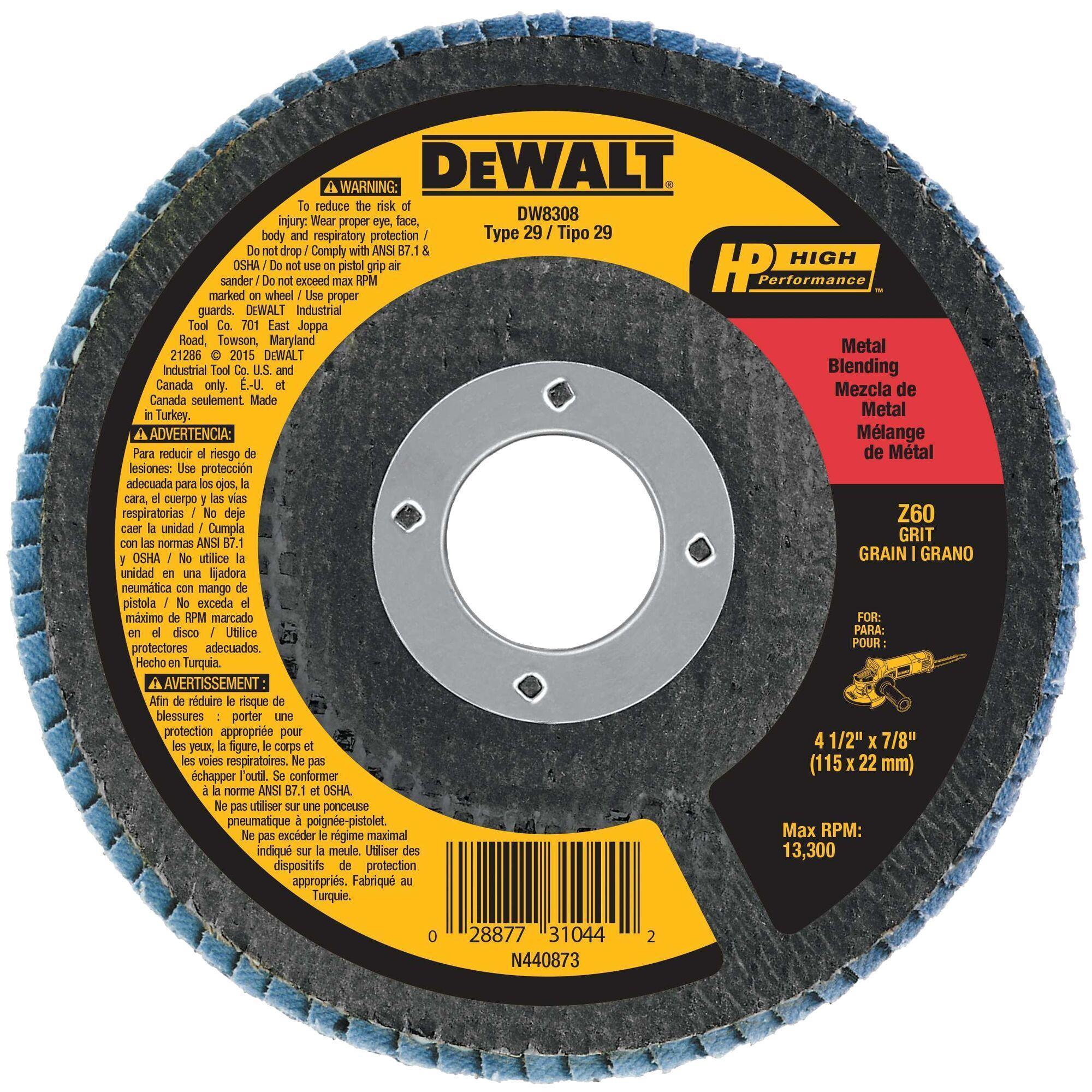 DeWALT® High Performance™ DW8308 Contaminant-Free Flap Disc, 4-1/2 in Dia Disc, 7/8 in Center Hole, 36 Grit, Medium Grade, Zirconia Alumina Abrasive, Type 29 Disc