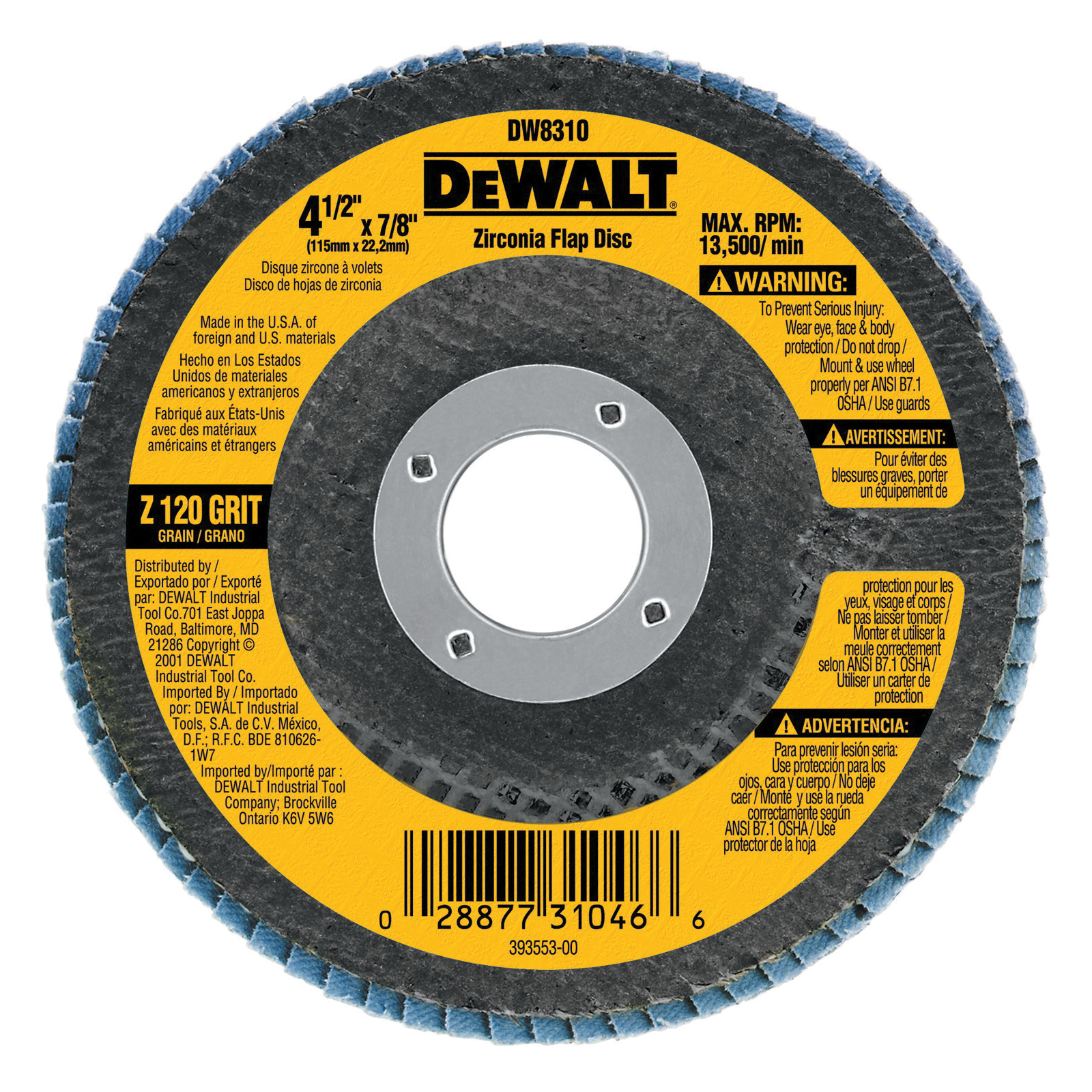 DeWALT® High Performance™ DW8317 Contaminant-Free Flap Disc, 5 in Dia Disc, 7/8 in Center Hole, 60 Grit, Medium Grade, Zirconia Alumina Abrasive, Type 29 Disc