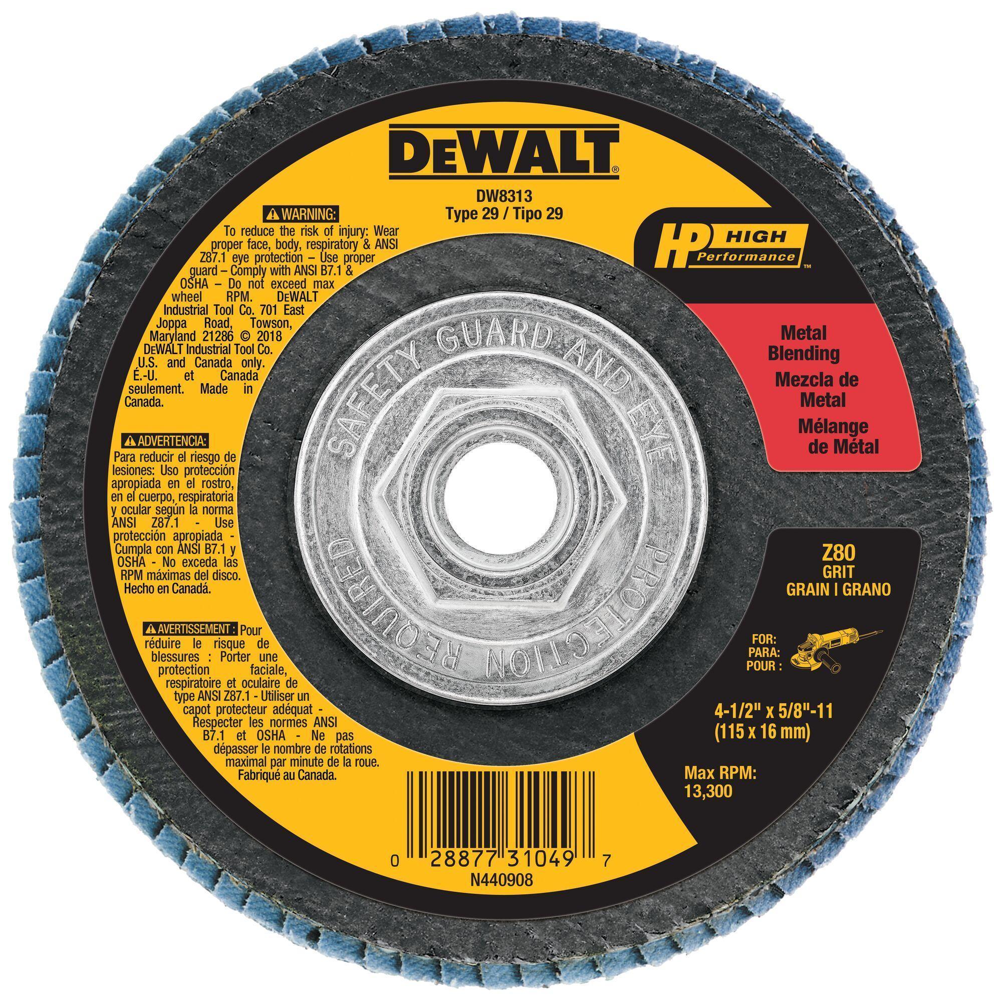 DeWALT® HP™ DW8313 Contaminant-Free Heavy Duty Coated Flap Disc, 4-1/2 in Dia, 80 Grit, Medium Grade, Zirconia Alumina Abrasive, Type 29 Disc