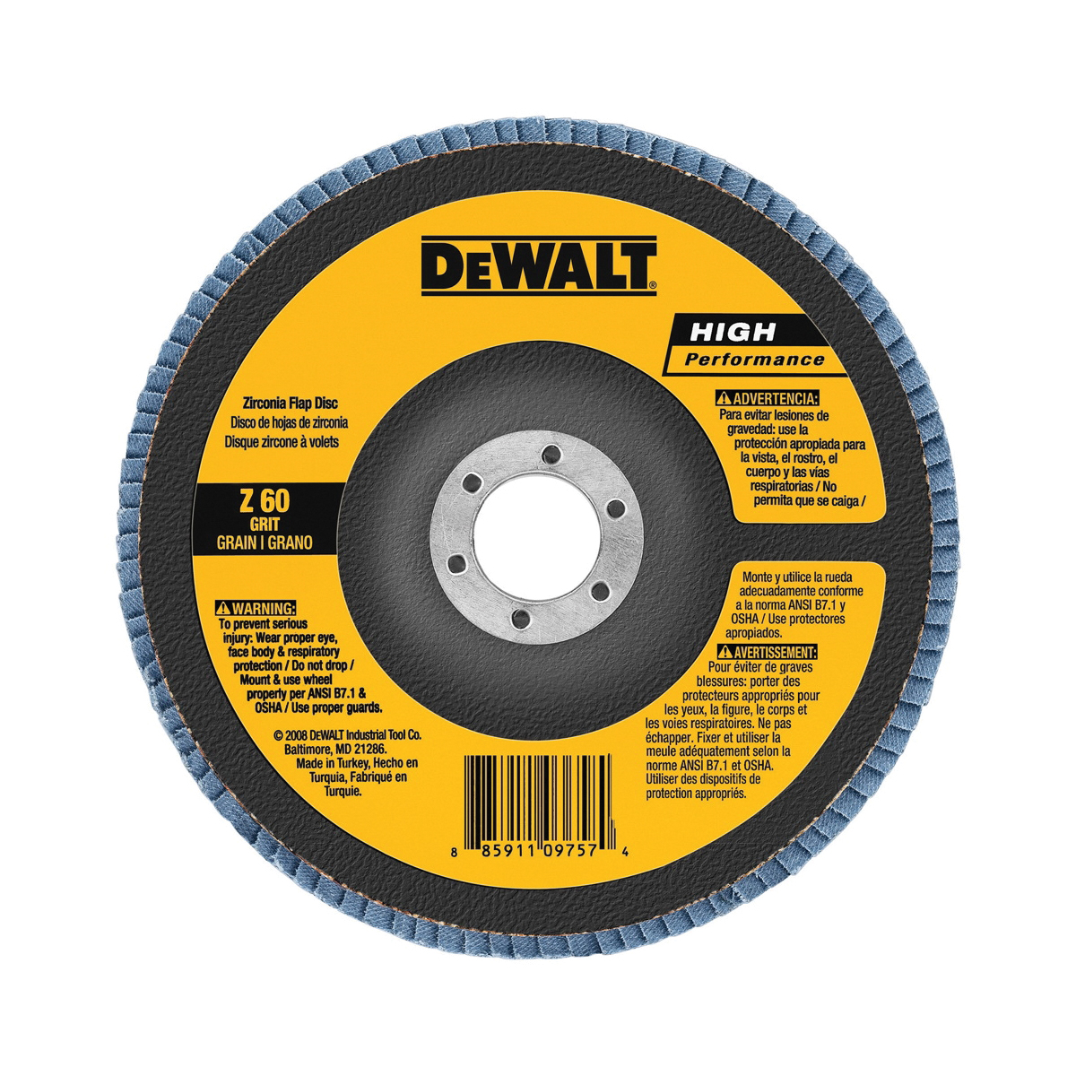 DeWALT® HP™ DW8334 Contaminant-Free High Performance Coated Abrasive Flap Disc, 5 in Dia, 80 Grit, Medium Grade, Zirconia Alumina Abrasive, Type 29 Disc