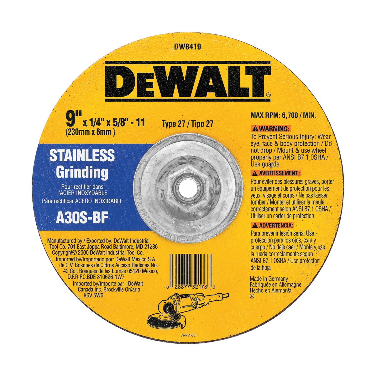 DeWALT® High Performance™ DW8419 Depressed Center Wheel, 9 in Dia x 1/4 in THK, A30S Grit, Aluminum Oxide Abrasive