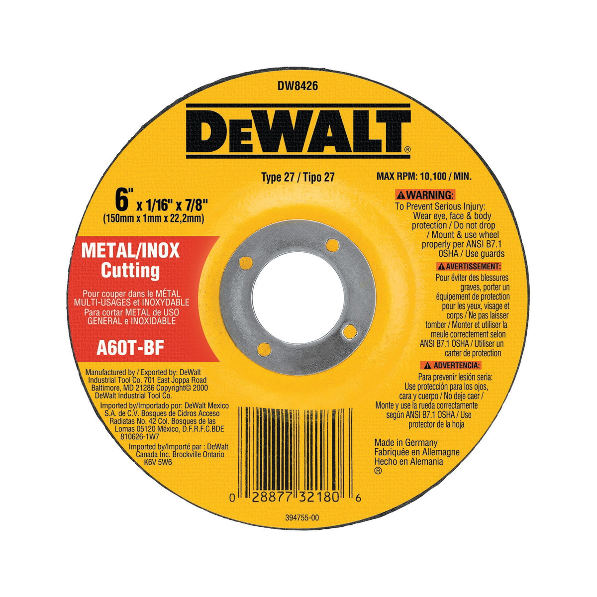 DeWALT® High Performance™ DW8426 Depressed Center Wheel, 6 in Dia x 0.045 in THK, 7/8 in Center Hole, A60T Grit, Aluminum Oxide Abrasive