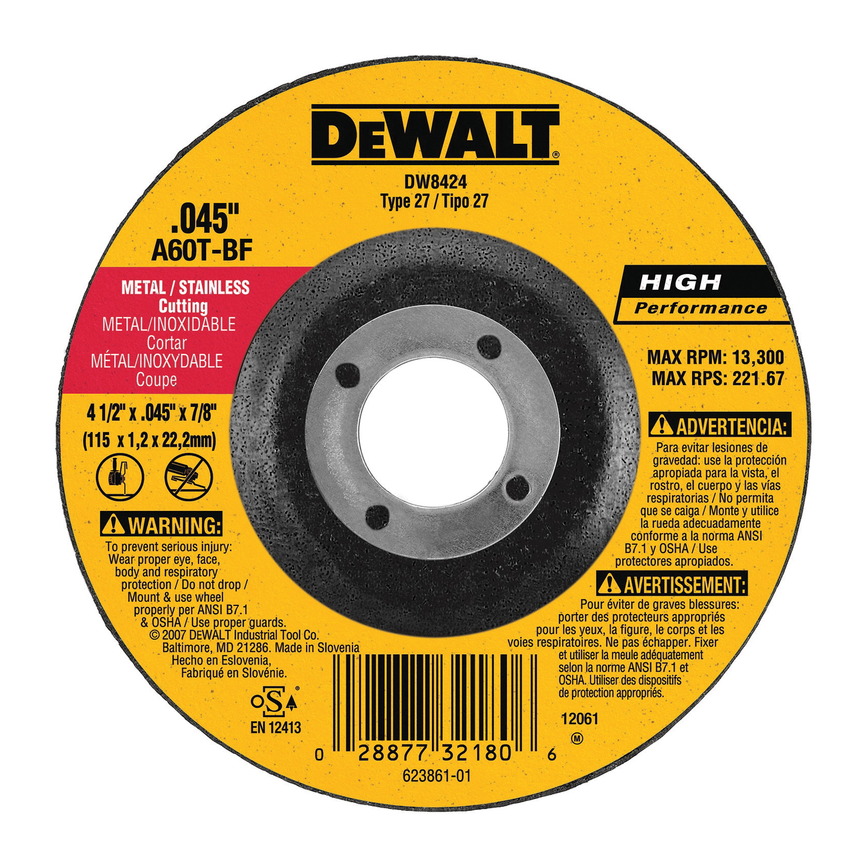 DeWALT® High Performance™ DW8434 Depressed Center Wheel, 4-1/2 in Dia x 1/8 in THK, 7/8 in Center Hole, A24R Grit, Aluminum Oxide Abrasive