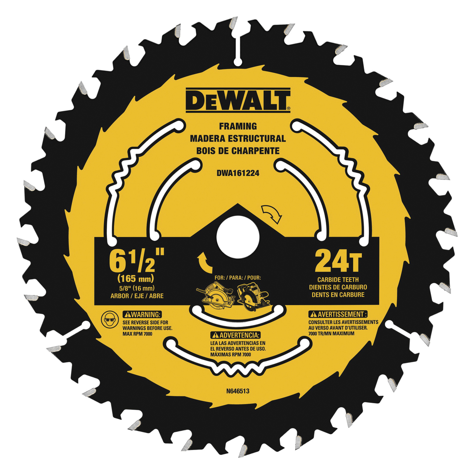DeWALT® DWA161224 Circular Saw Blade, 6-1/2 in Dia, 5/8 in Arbor, 24 Teeth