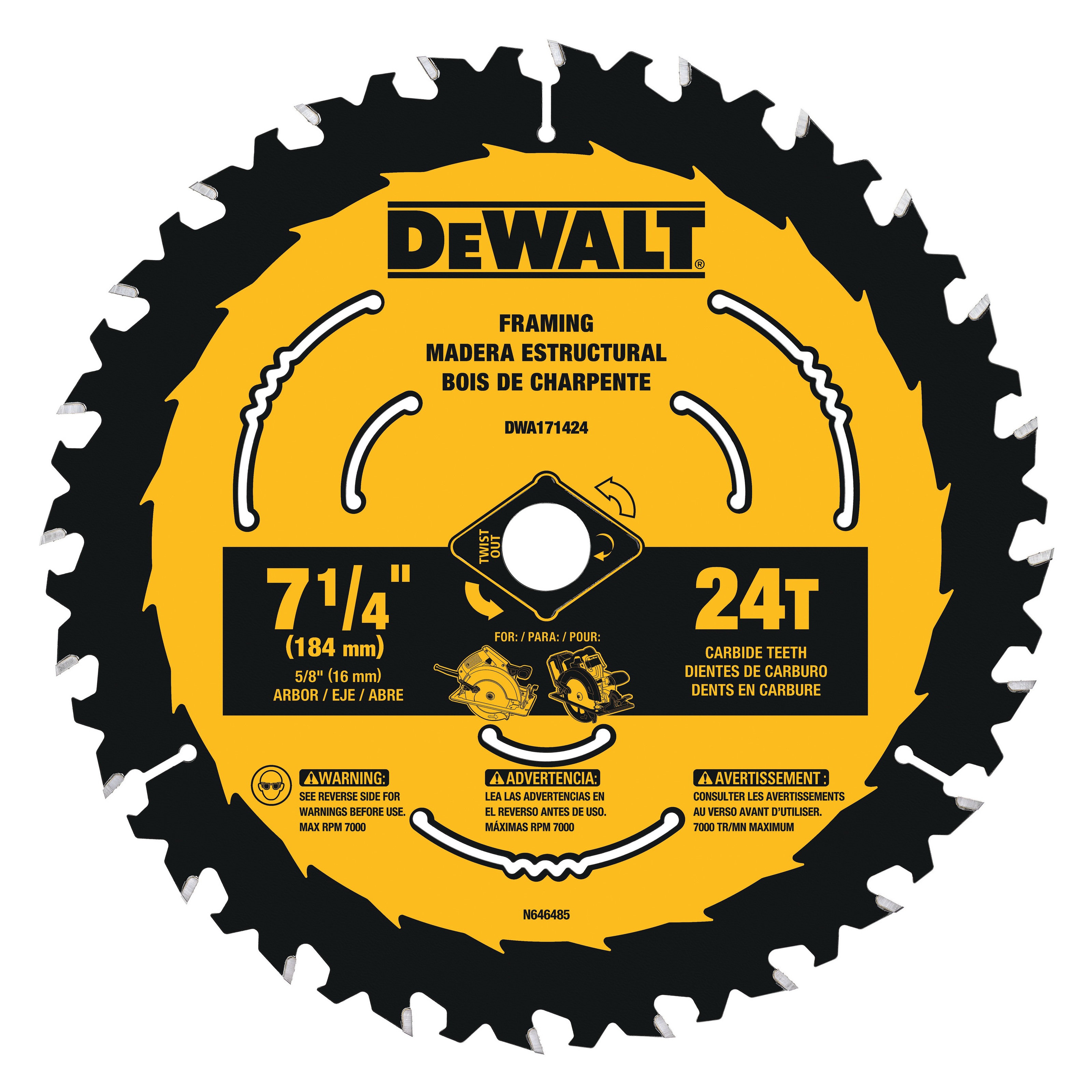 DeWALT® DWA171424 Circular Saw Blade, 7-1/4 in Dia x 0.039 in THK, 5/8 in Arbor, Tungsten Carbide Blade, 24 Teeth