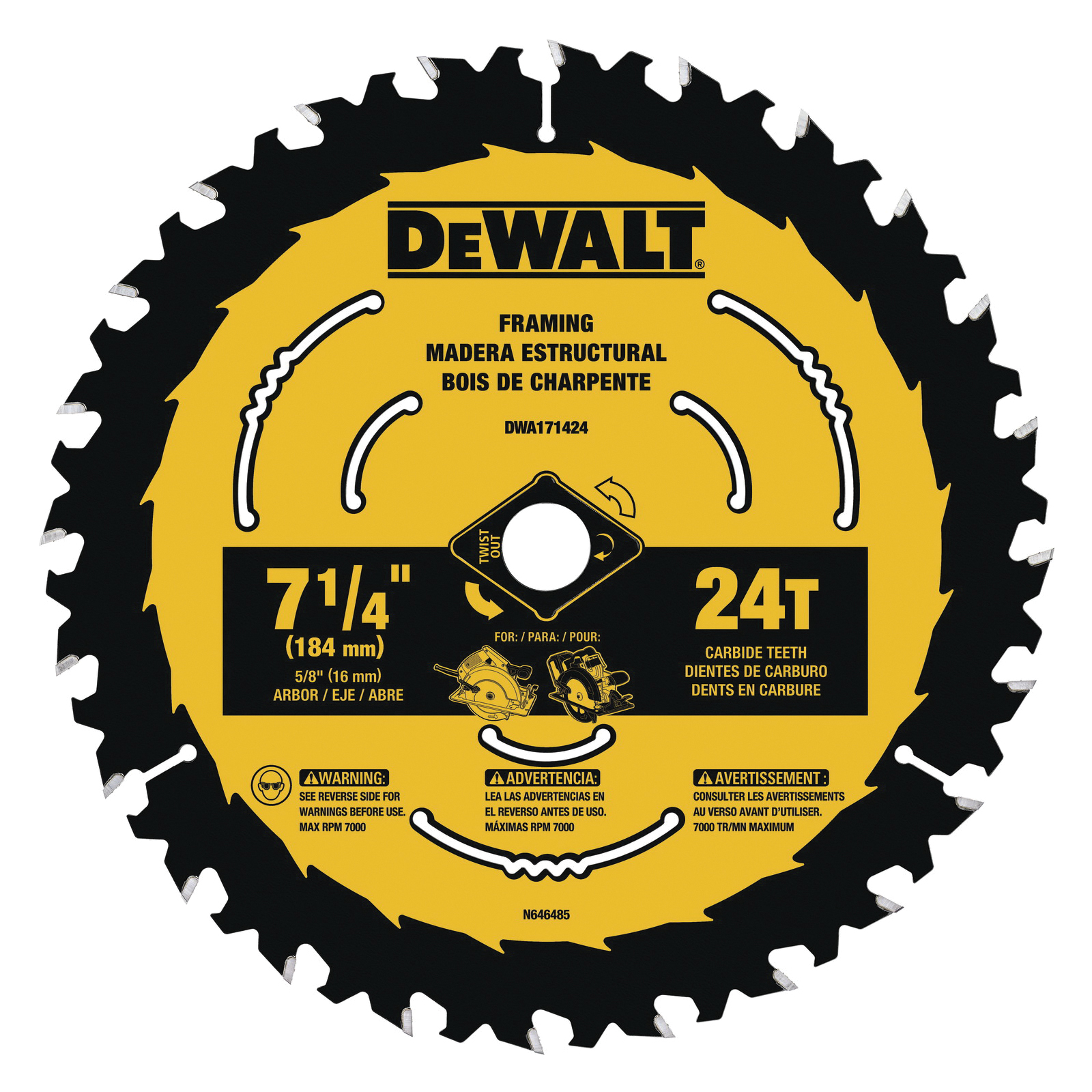 DeWALT® DWA1714243 Framing Saw Blade, 7-1/4 in Dia, 5/8 in Arbor, 24 Teeth