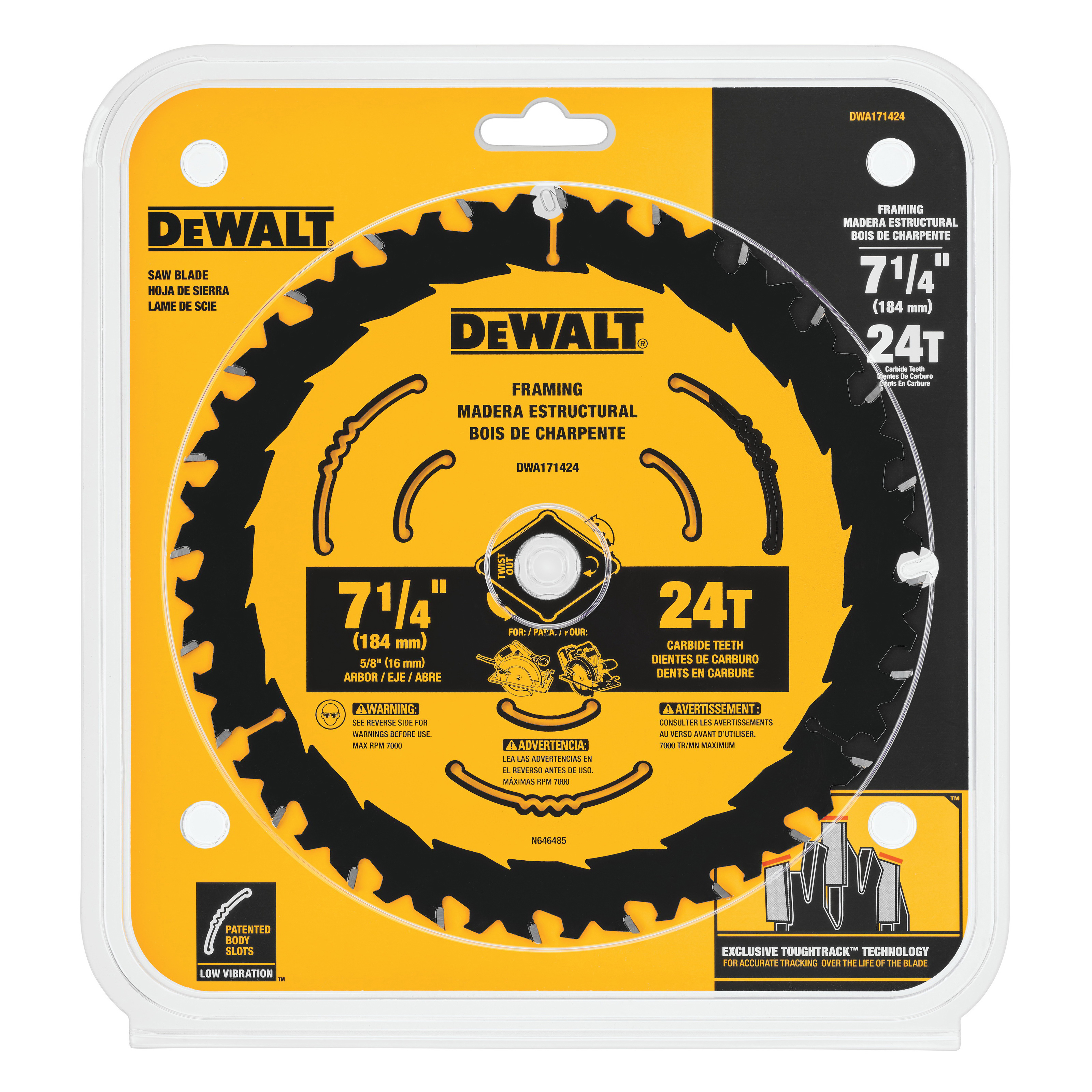 DeWALT® DWA171424B10 Circular Saw Blade, 7-1/4 in Dia x 0.039 in THK, 5/8 in Arbor, Tungsten Carbide Blade, 24 Teeth