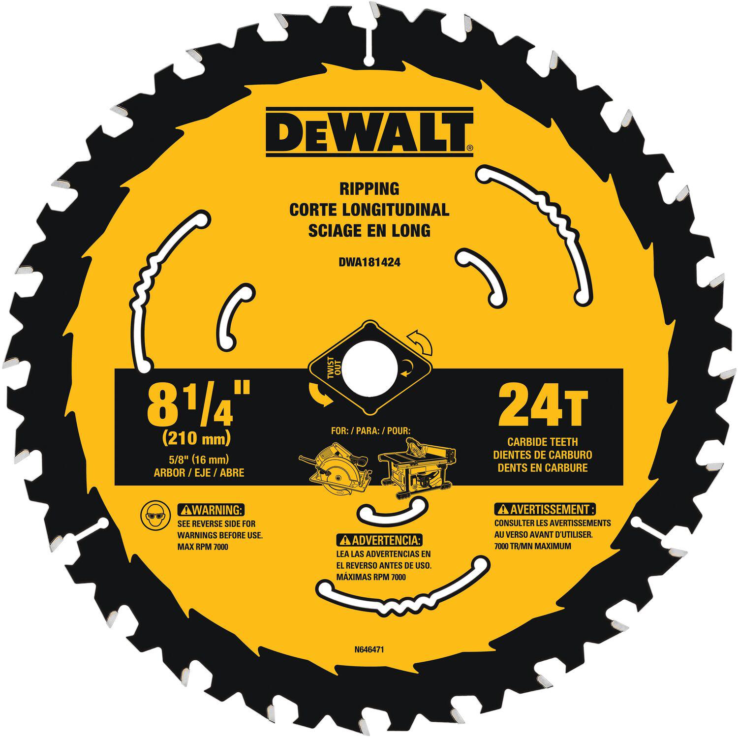 DeWALT® DWA181424 Circular Saw Blade, 8-1/4 in Dia, 5/8 in Arbor, 24 Teeth