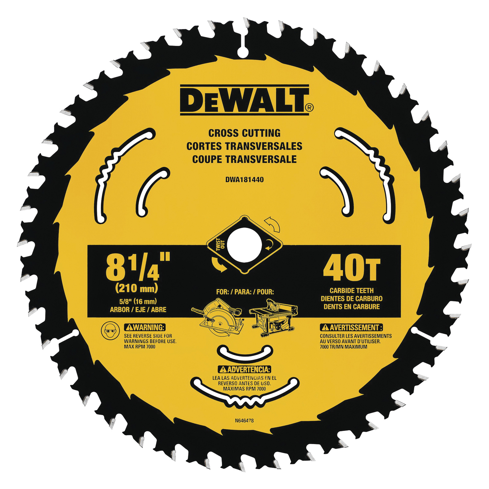 DeWALT® DWA181440 Circular Saw Blade, 8-1/4 in Dia, 5/8 in Arbor, 40 Teeth