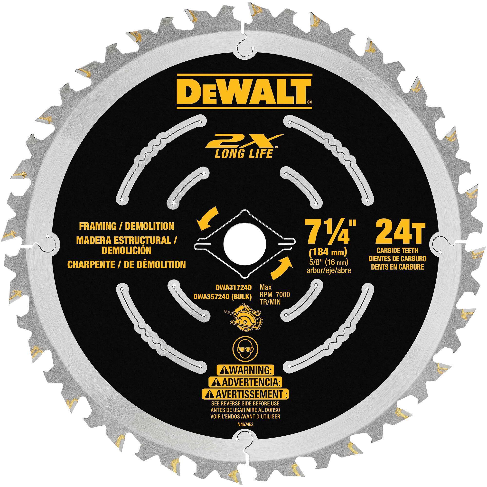 DeWALT® DWA31724D Demo Framing Circular Saw Blade, 7-1/4 in Dia x 0.039 in THK, 5/8 in Arbor, Carbide Blade, 24 Teeth
