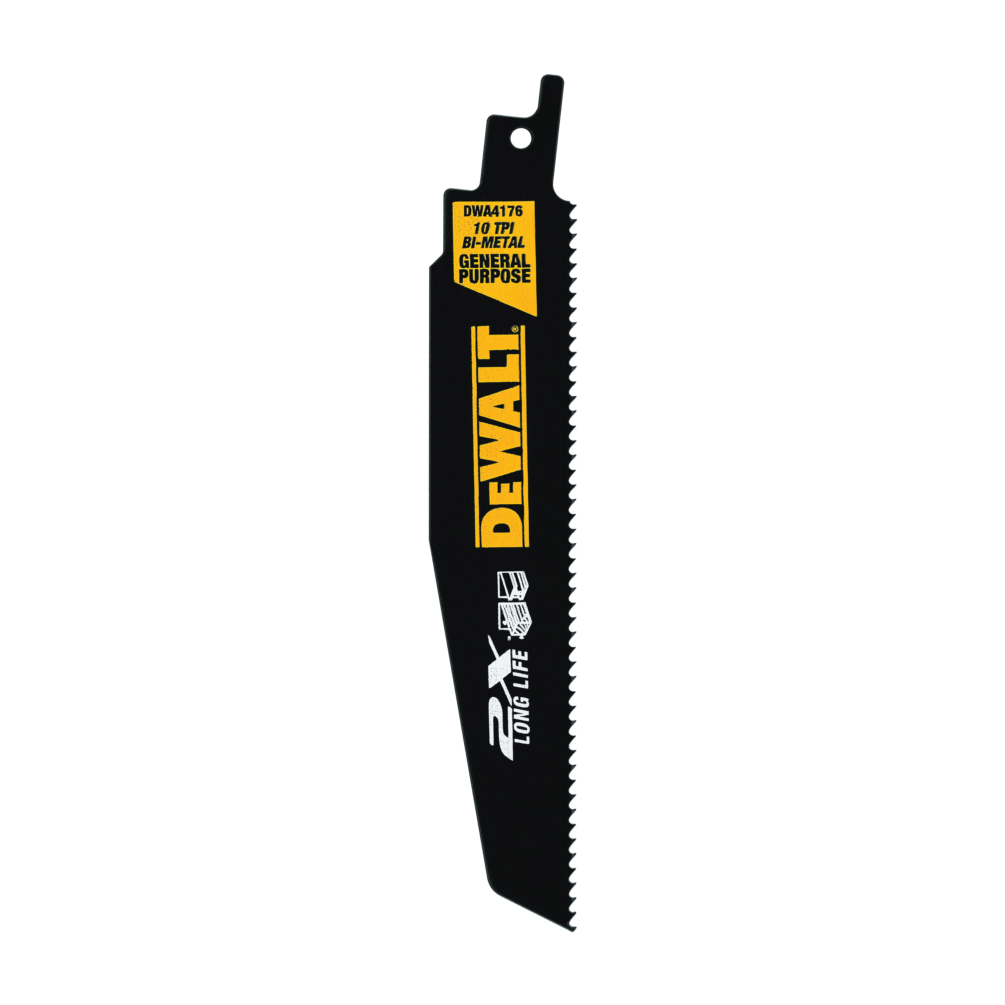 DeWALT® DWA4176 General Purpose Straight Back Reciprocating Saw Blade, 6 in L x 1 in W, 10, HSS Body, Universal/Toothed Edge Tang