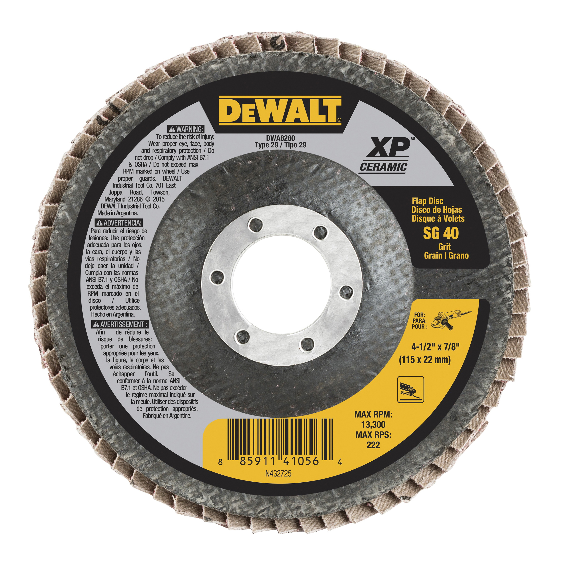 DeWALT® XP™ DWA8282 Extended Performance Coated Abrasive Flap Disc, 4-1/2 in Dia, 7/8 in Center Hole, 80 Grit, Medium Grade, Ceramic Abrasive, Type 27 Disc