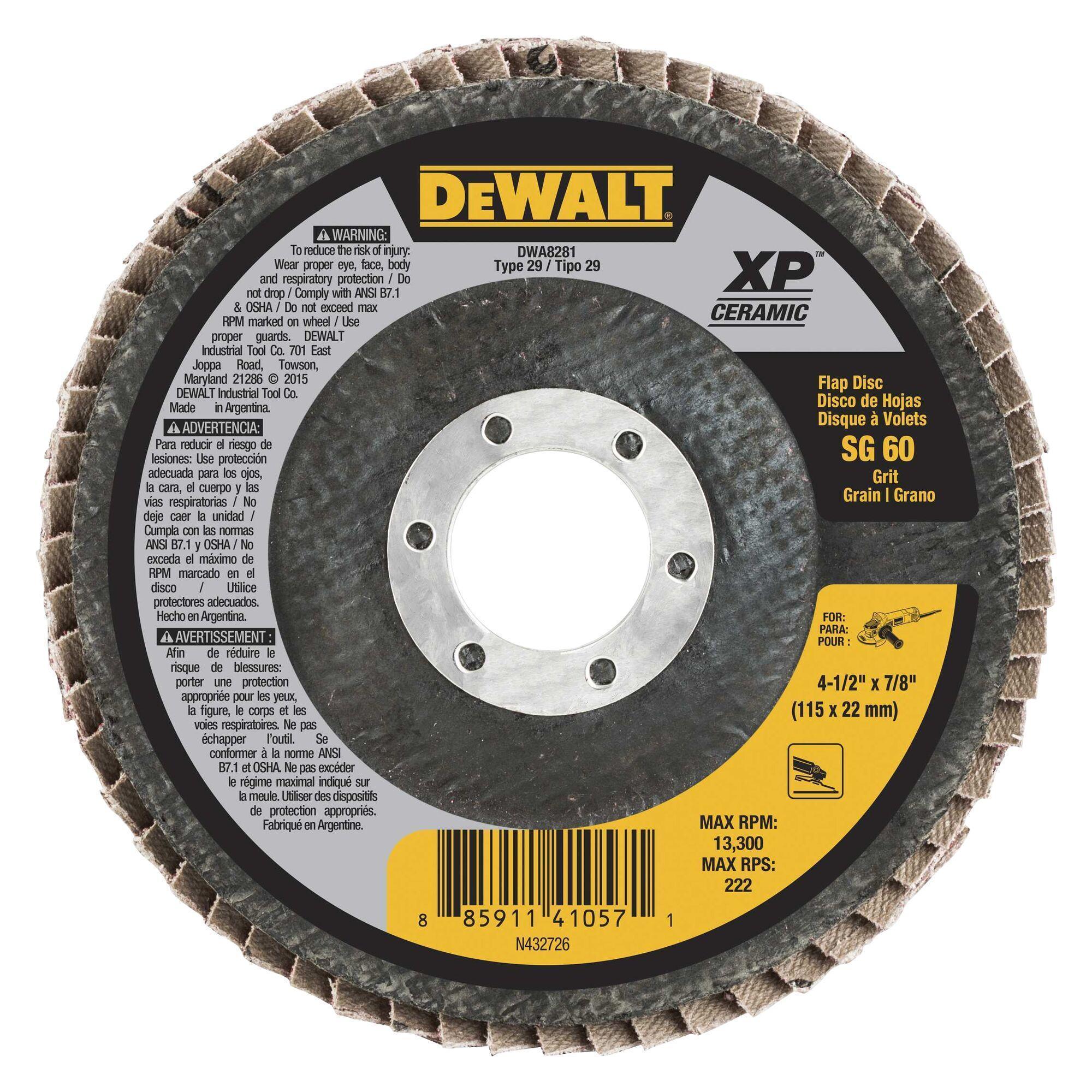 DeWALT® XP™ DWA8281 Extended Performance Coated Abrasive Flap Disc, 4-1/2 in Dia, 7/8 in Center Hole, 60 Grit, Medium Grade, Ceramic Abrasive, Type 27 Disc