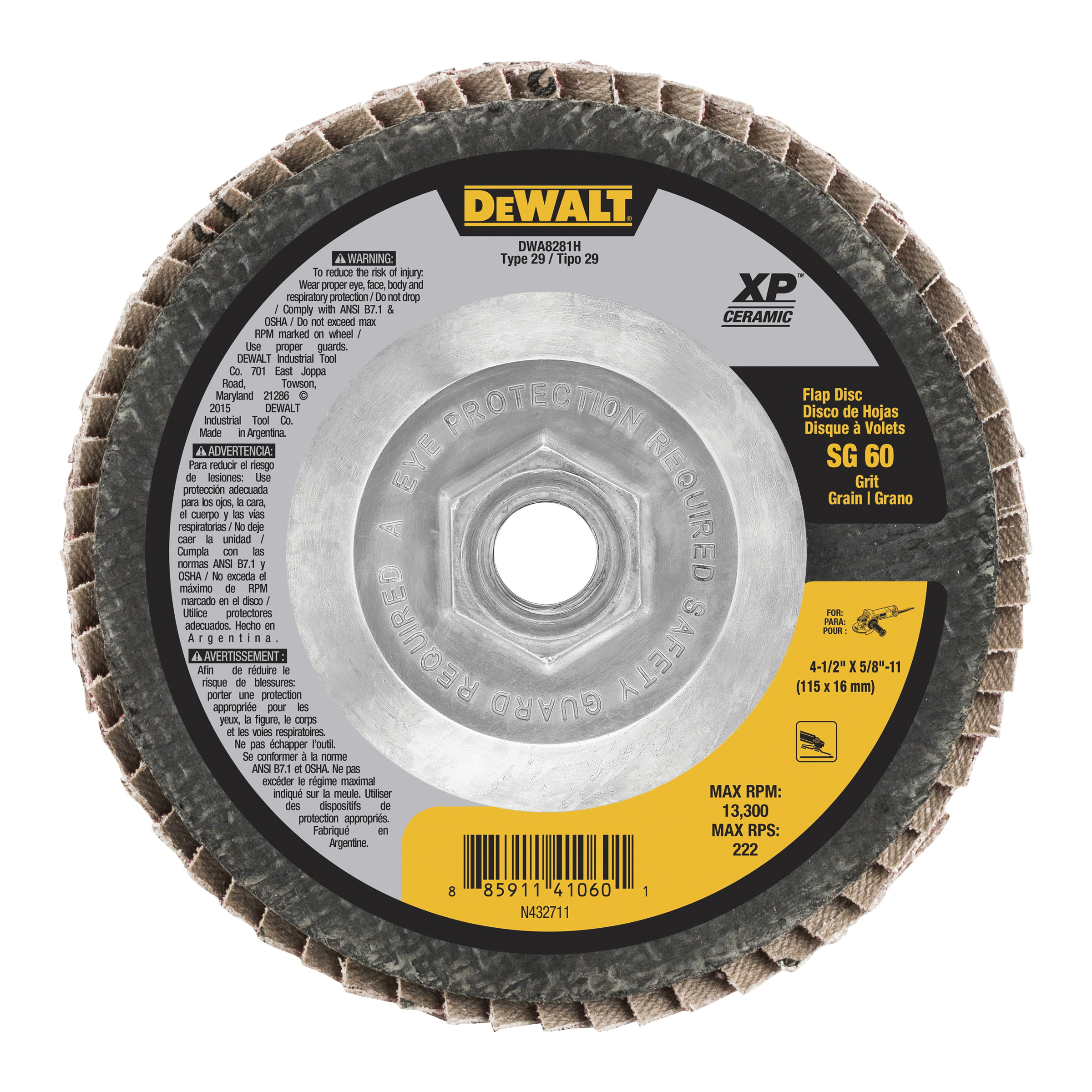 DeWALT® XP™ DWA8281H Extended Performance Coated Abrasive Flap Disc, 4-1/2 in Dia, 60 Grit, Medium Grade, Ceramic Abrasive, Type 27 Disc