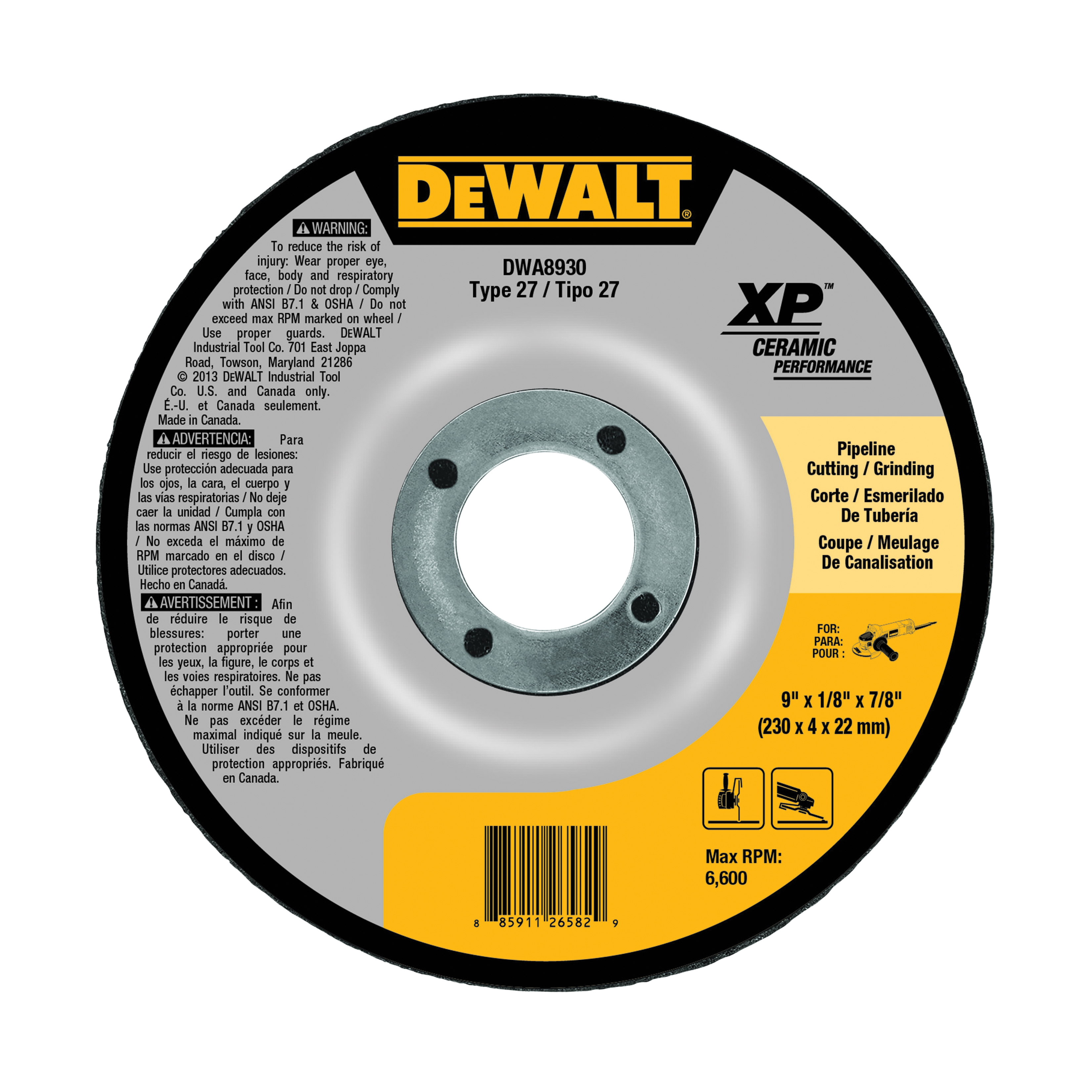 DeWALT® XP® DWA8930 Depressed Center Wheel, 9 in Dia x 1/8 in THK, 7/8 in Center Hole, SG24N Grit, Ceramic Abrasive