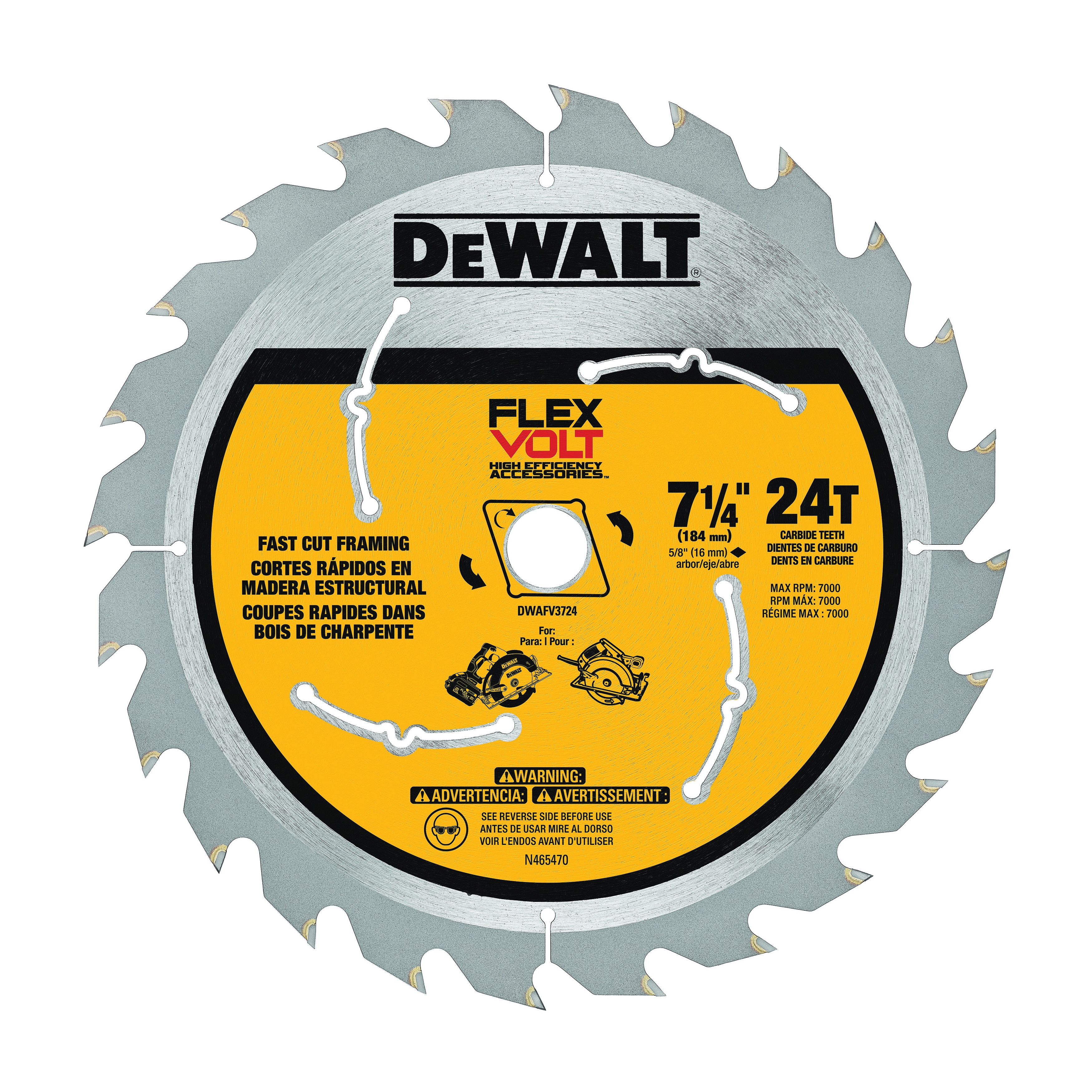 DeWALT® FLEXVOLT™ DWAFV37243 FLEXVOLT™ Circular Saw Blade, 7-1/4 in Dia x 0.039 in THK, 5/8 in Arbor, 24 Teeth