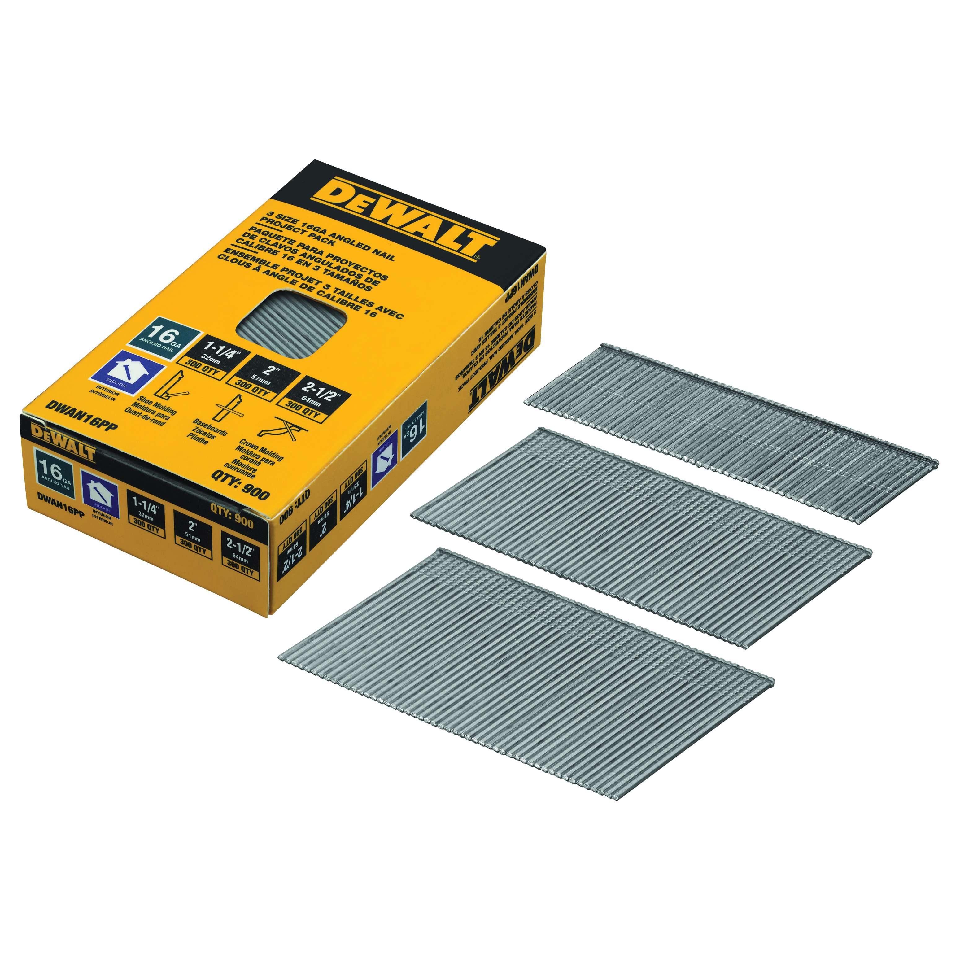 DeWALT® DWAN16PP Angled Nail Project Pack, 1-1/4 in, 2 in, 2-1/2 in, 16 ga, Steel