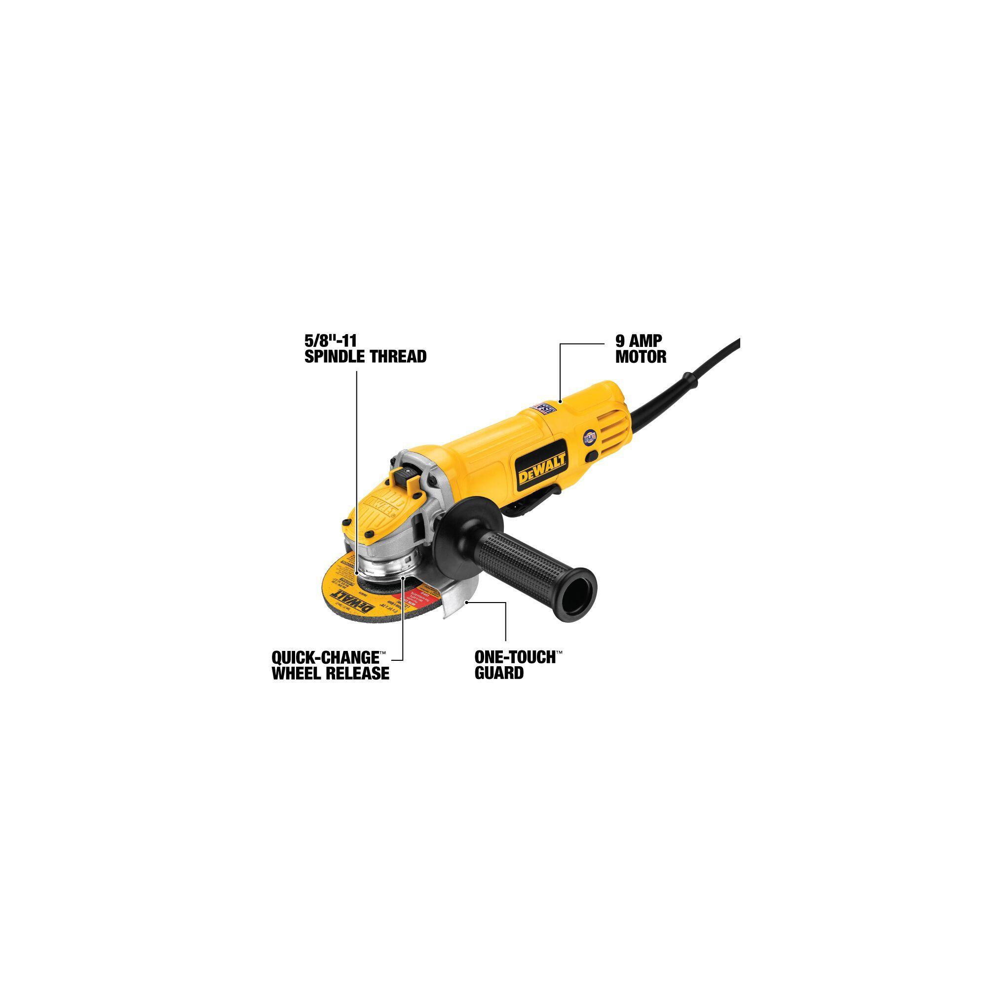 DeWALT® DWE4120 Small Angle Grinder, 4-1/2 in Dia Wheel, 5/8-11 Arbor/Shank, 120 VAC, For Wheel: Quick-Change™, Yellow, No, Lock-On Paddle Switch