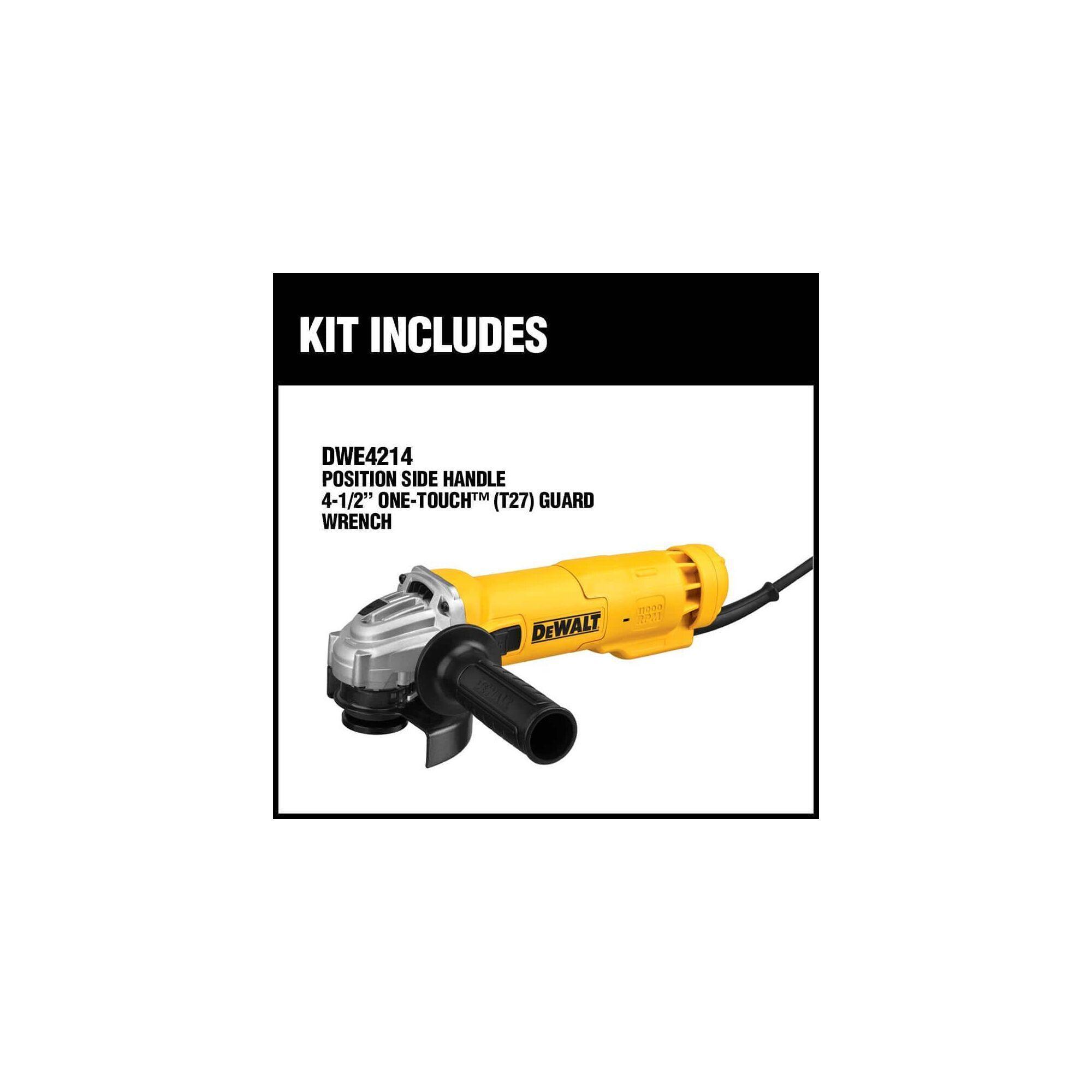 DeWALT® DWE4214 Low Profile Small Electric Angle Grinder, 4-1/2 in Dia Wheel, 5/8-11 UNC Arbor/Shank, 120 VAC, For Wheel: Quick-Change™, Black/Yellow, Lock-On Slide Switch