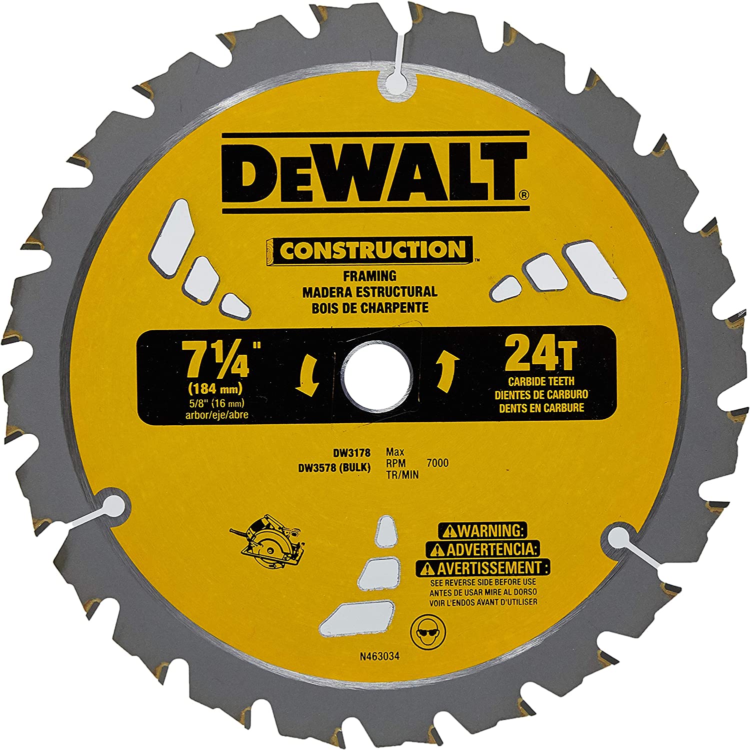 Black+Decker® DW3578B10 20™ Portable Round Arbor Thin Kerf Circular Saw Blade, 7-1/4 in Dia x 0.045 in THK, 5/8 in Arbor, Steel Blade, 24 Teeth