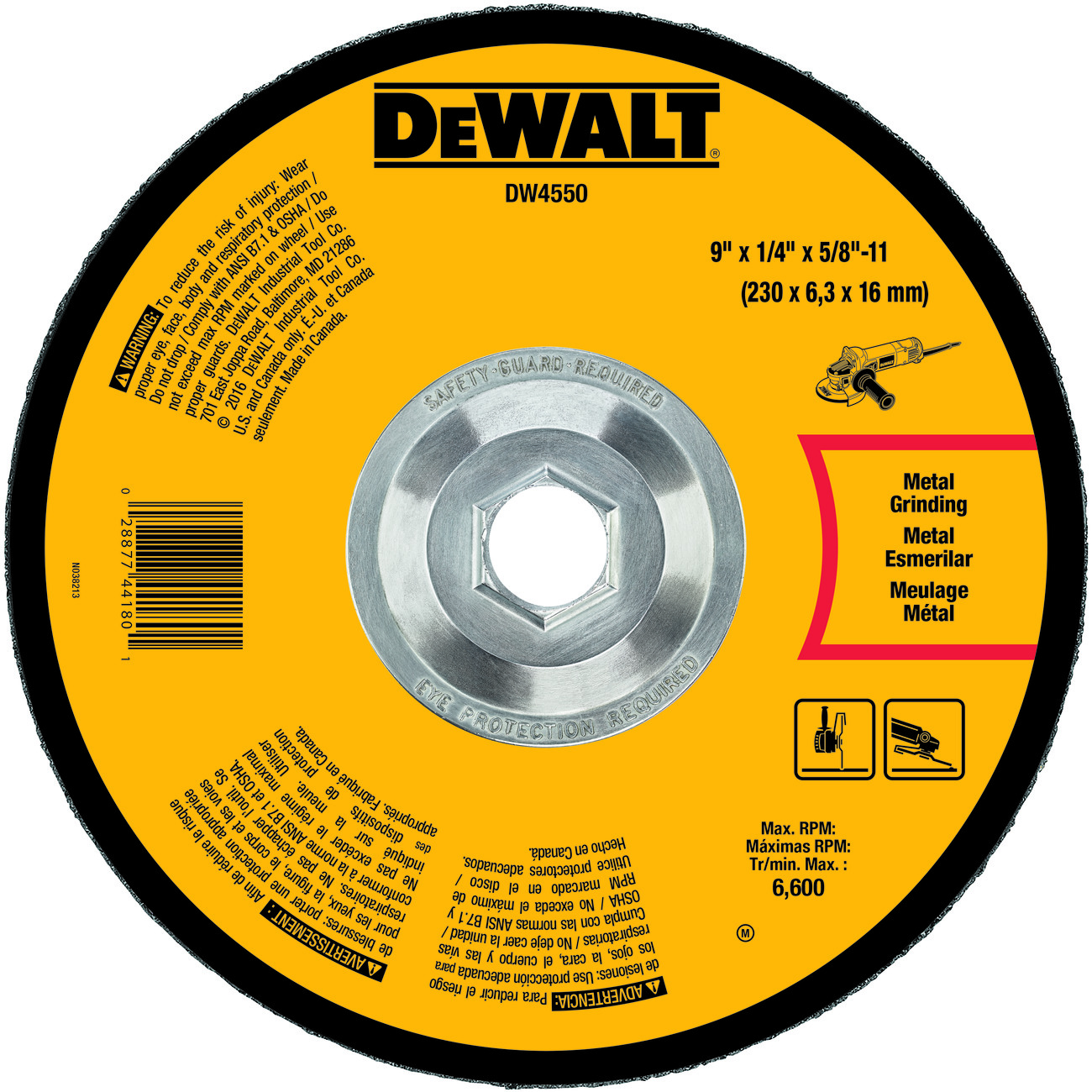 DeWALT® High Performance™ Guaranteed Tough® DW4550 Flat Depressed Center Grinding Wheel, 9 in Dia x 1/4 in THK, 24 Grit, Aluminum Oxide Abrasive