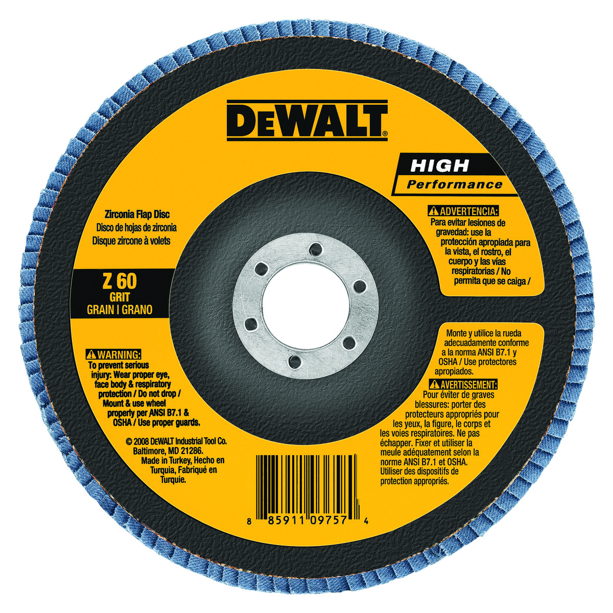 DeWALT® High Performance™ DW8303 Contaminant-Free Flap Disc, 4 in Dia Disc, 5/8 in Center Hole, 80 Grit, Medium Grade, Zirconia Alumina Abrasive, Type 27 Disc