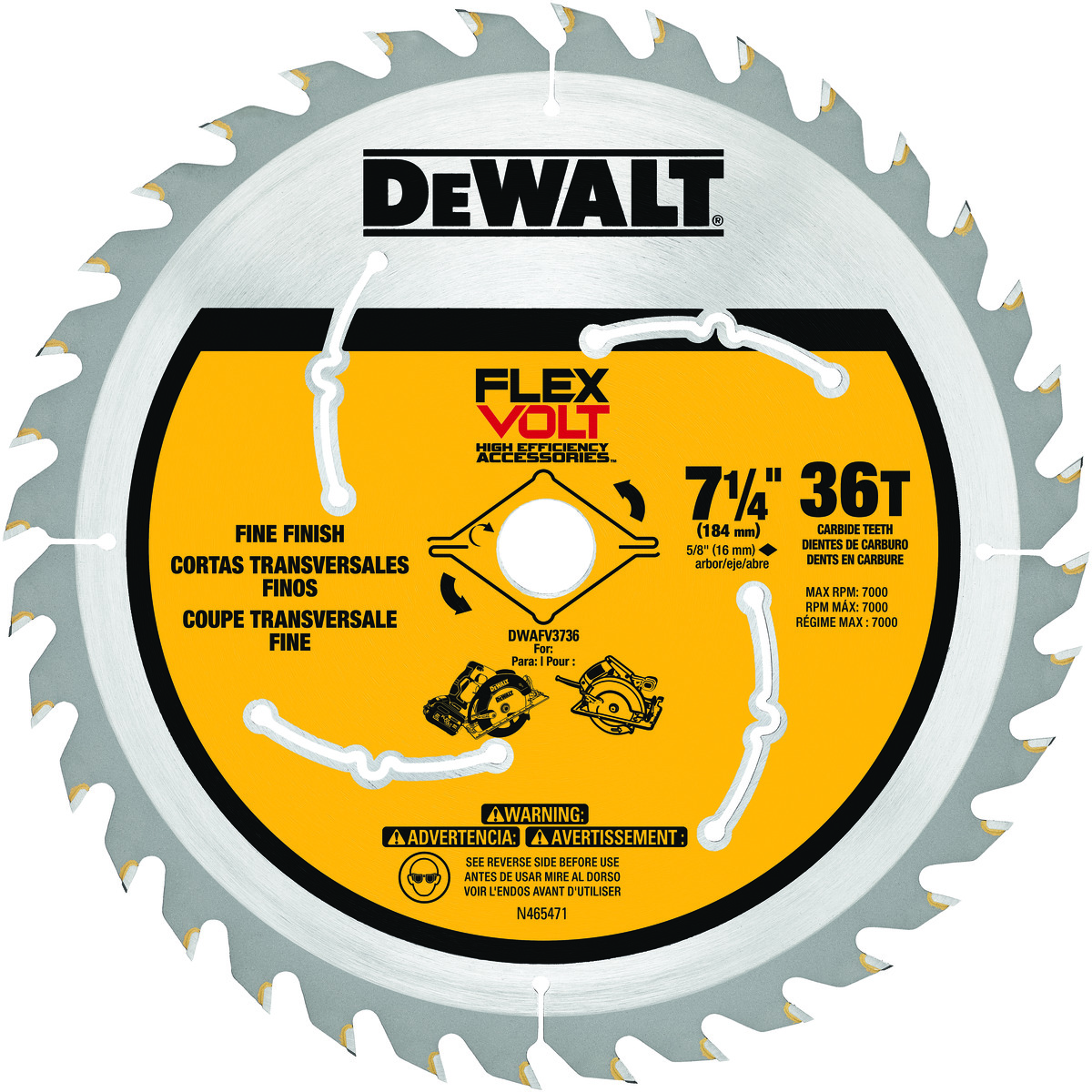 DeWALT® FLEXVOLT™ DWAFV3736 FLEXVOLT™ Circular Saw Blade, 7-1/4 in Dia x 0.039 in THK, 5/8 in Arbor, 36 Teeth