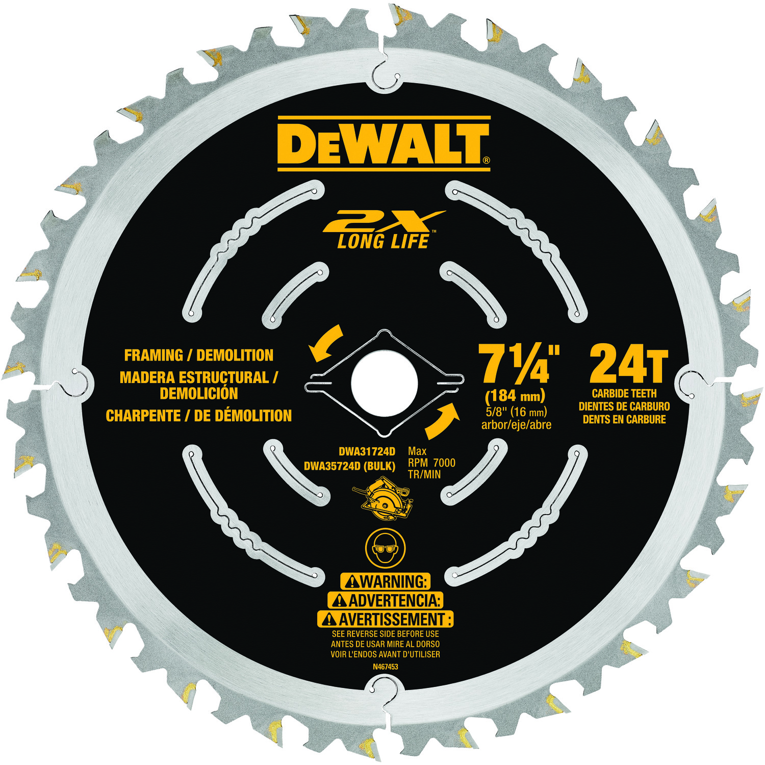 DeWALT® DWA35724DB10 2X Long Life™ Circular Saw Blade, 7-1/4 in Dia x 0.039 in THK, 5/8 in Arbor, Steel Blade, 24 Teeth