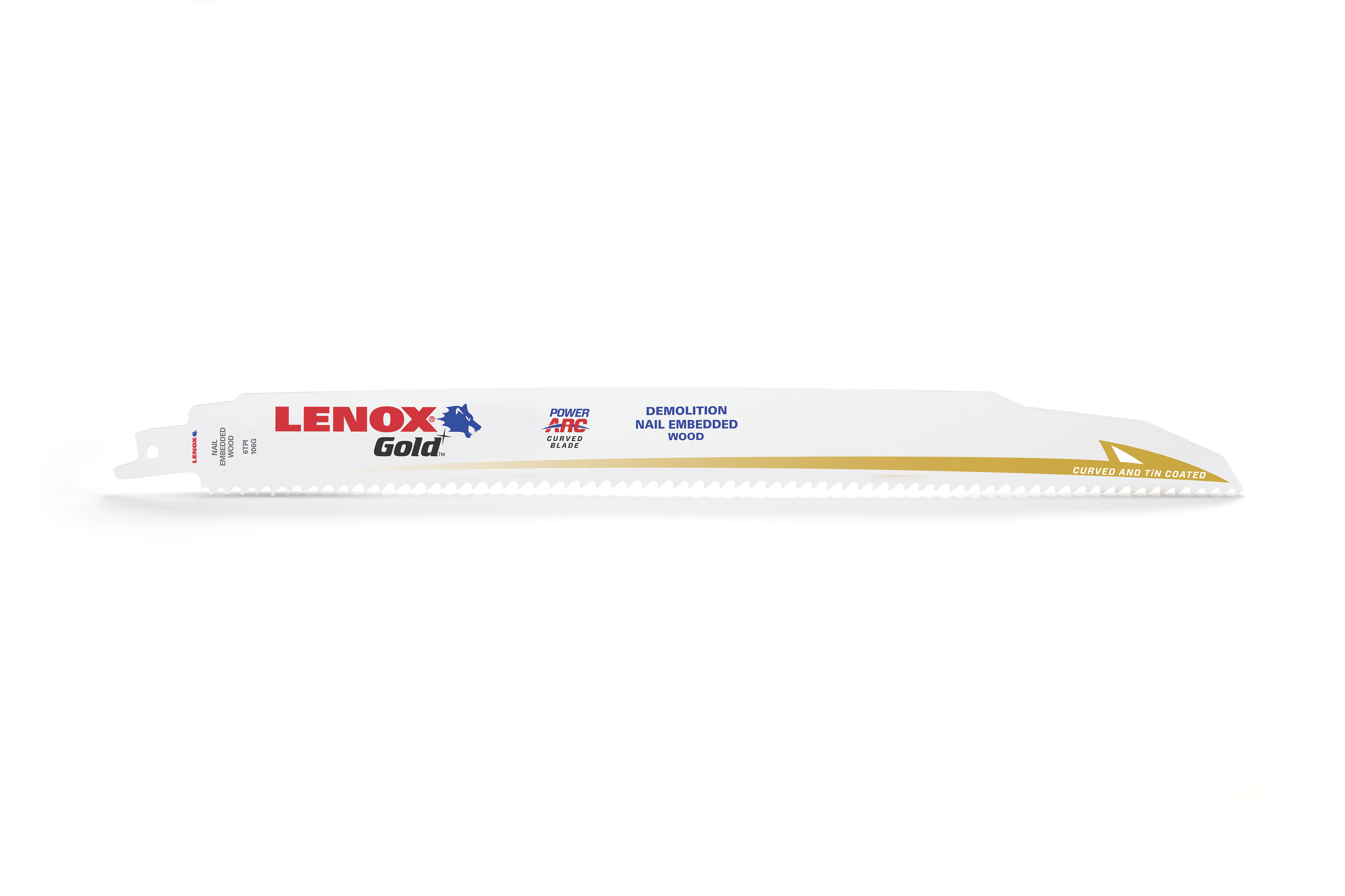 Lenox® Gold® 21223B106GR Reciprocating Saw Blade, 12 in L x 1 in W, 6 TPI, Flexible Steel Body, Universal/Toothed Edge Tang