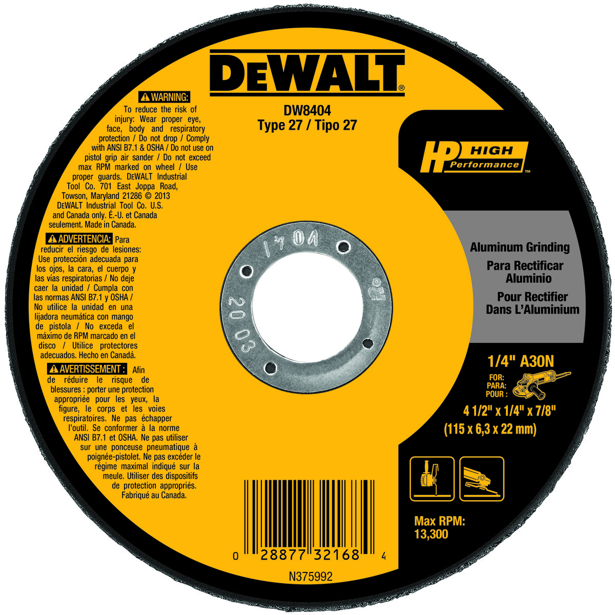 DeWALT® High Performance™ Guaranteed Tough® DW8404 Flat Depressed Center Grinding Wheel, 4-1/2 in Dia x 1/4 in THK, 7/8 in Center Hole, 30 Grit, Aluminum Oxide Abrasive