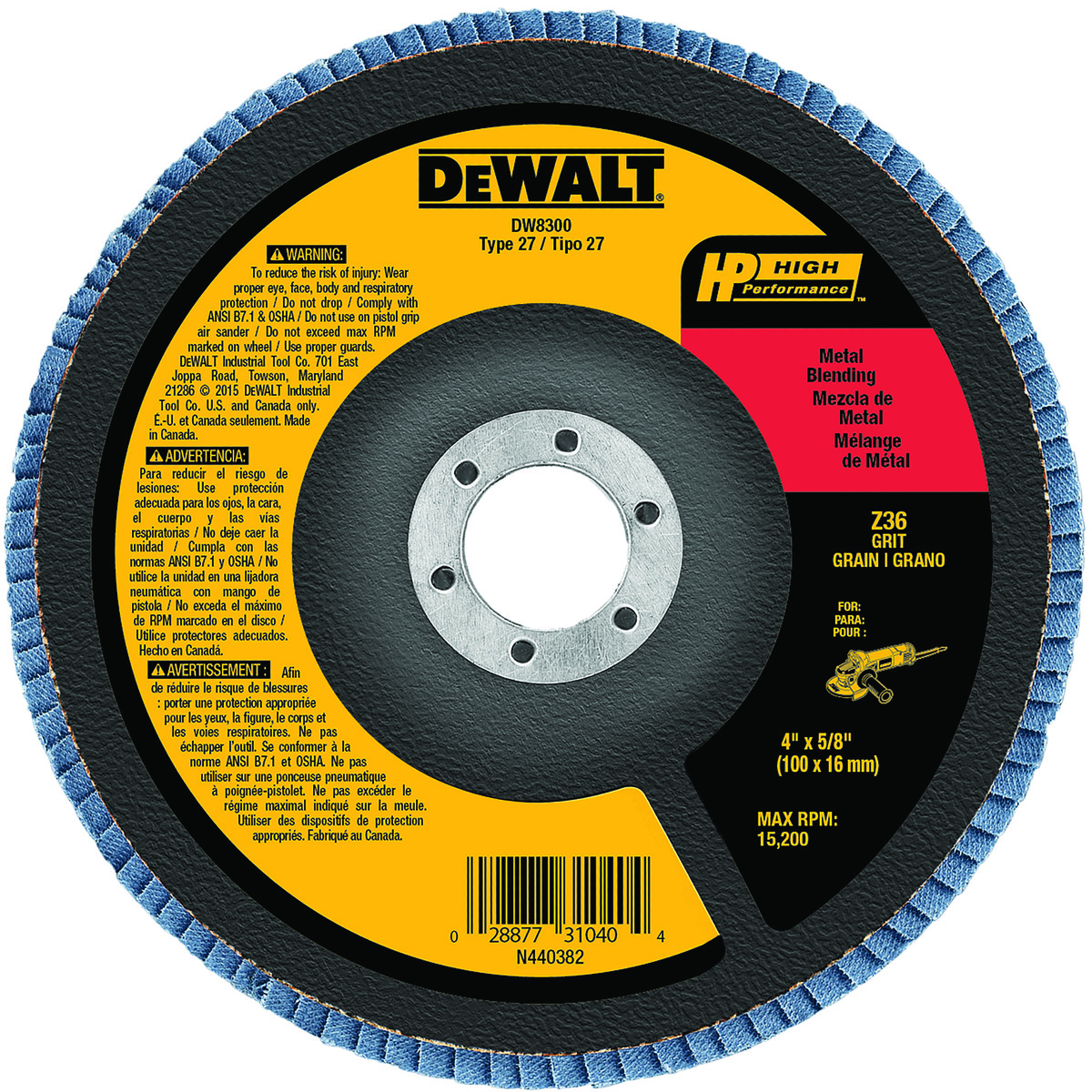 DeWALT® High Performance™ DW8300 Contaminant-Free Flap Disc, 4 in Dia Disc, 5/8 in Center Hole, 36 Grit, Extra Coarse Grade, Zirconia Alumina Abrasive, Type 27 Disc