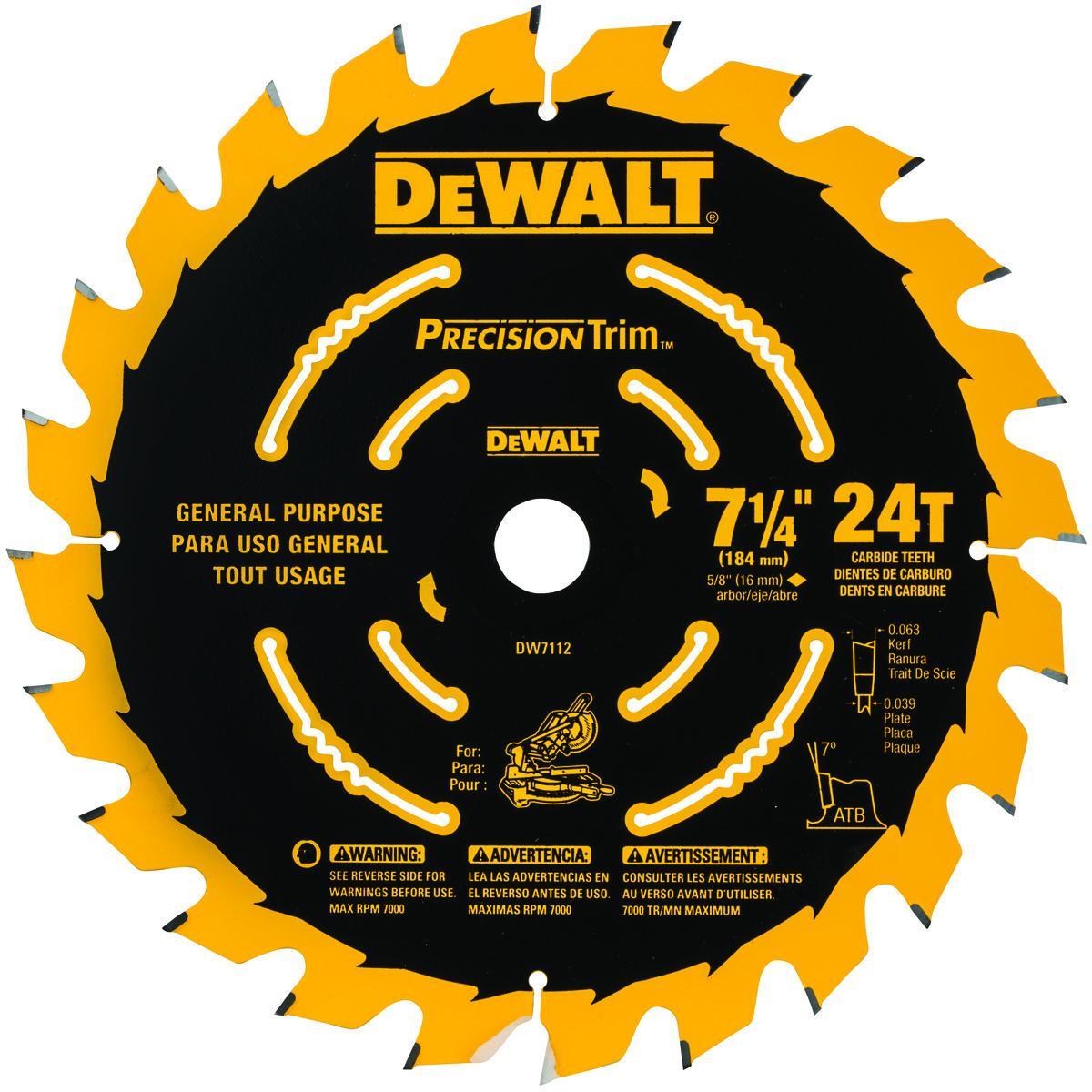 DeWALT® Precision Trim™ DW7112PT Circular Saw Blade, 7-1/4 in Dia, 5/8 in Arbor, Steel Blade, 24 Teeth