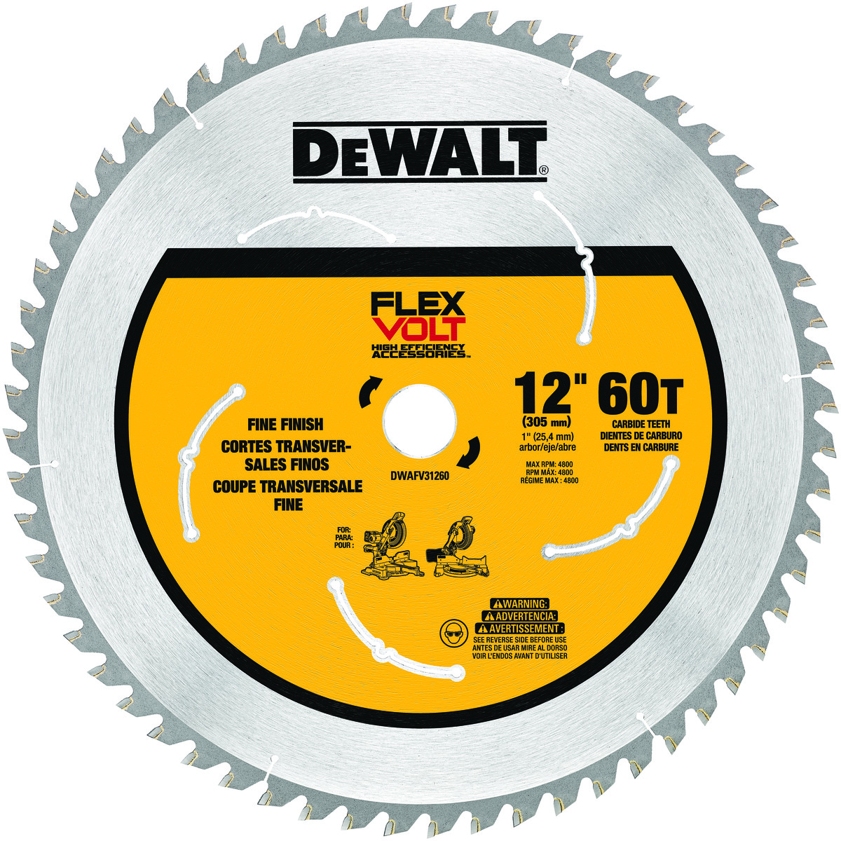 DeWALT® FLEXVOLT™ DWAFV31260 FLEXVOLT™ Miter Saw Blade, 12 in Dia x 0.063 in THK, 1 in Arbor, 60 Teeth