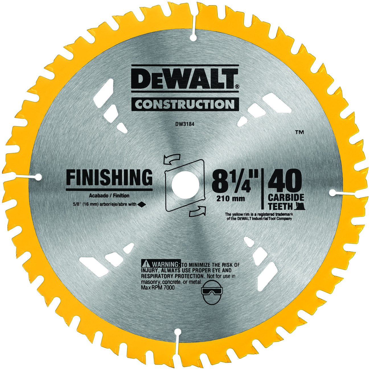 DeWALT® Guaranteed Tough® DW3184 Portable Small Diameter Thin Kerf Circular Saw Blade, 8-1/4 in Dia x 0.05 in THK, 5/8 in Arbor, Carbide Blade, 40 Teeth