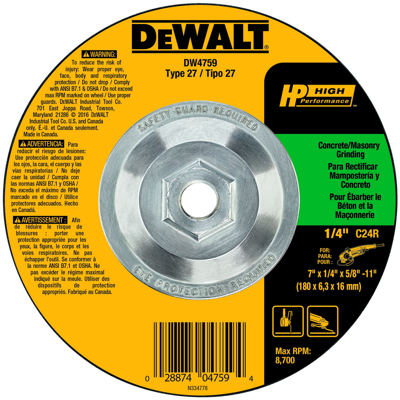 DeWALT® High Performance™ Guaranteed Tough® DW4759 Flat Depressed Center Grinding Wheel, 7 in Dia x 1/4 in THK, 24 Grit, Silicon Carbide Abrasive